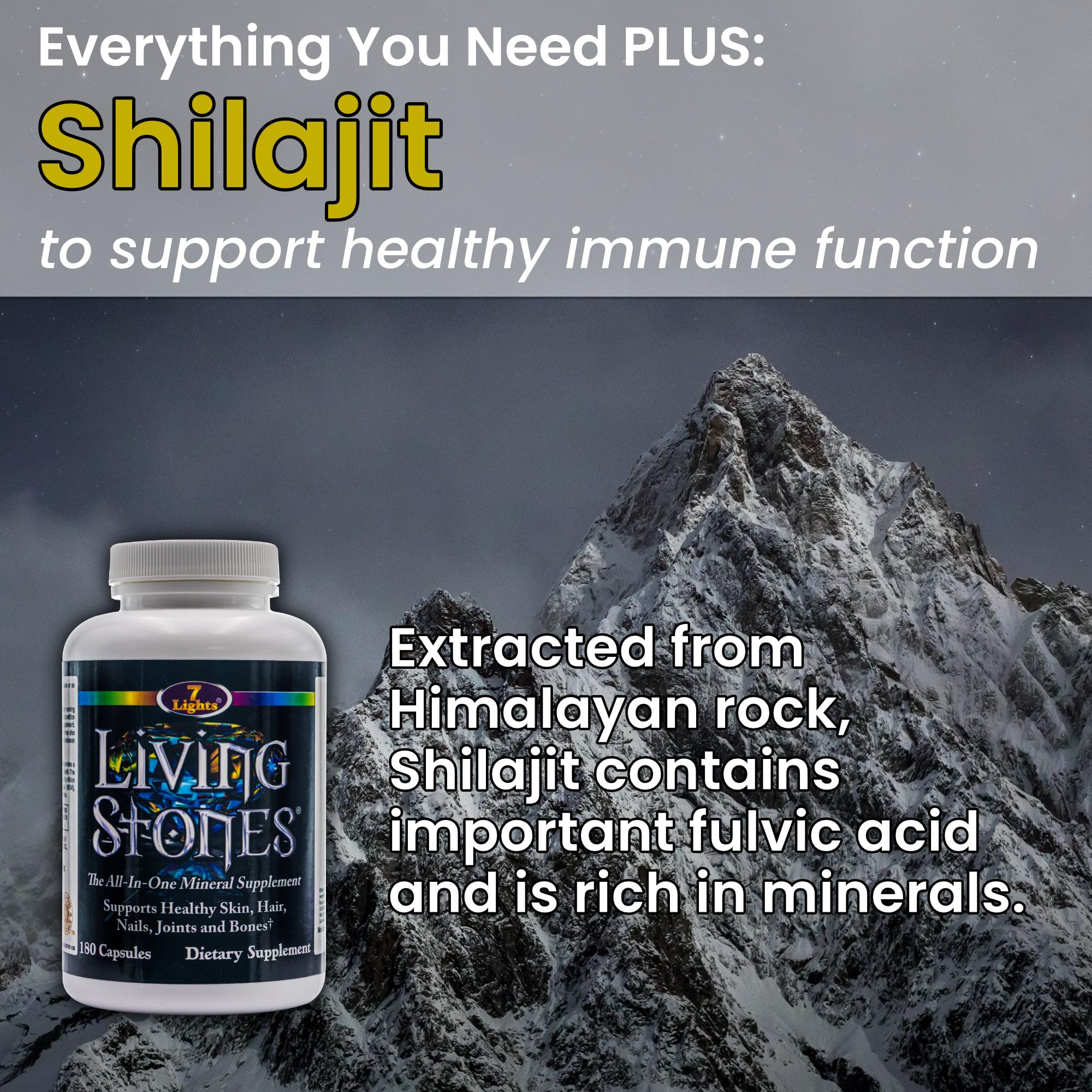 Living Stones, Complete Mineral Supplement with Zinc, Calcium, Magnesium, Selenium, Trace Minerals, No Added Iron, with MSM (Organic Sulfur) and Shilajit, Premium Absorption (30-Day Supply - 180 Caps) 7 Lights buy supplements canada