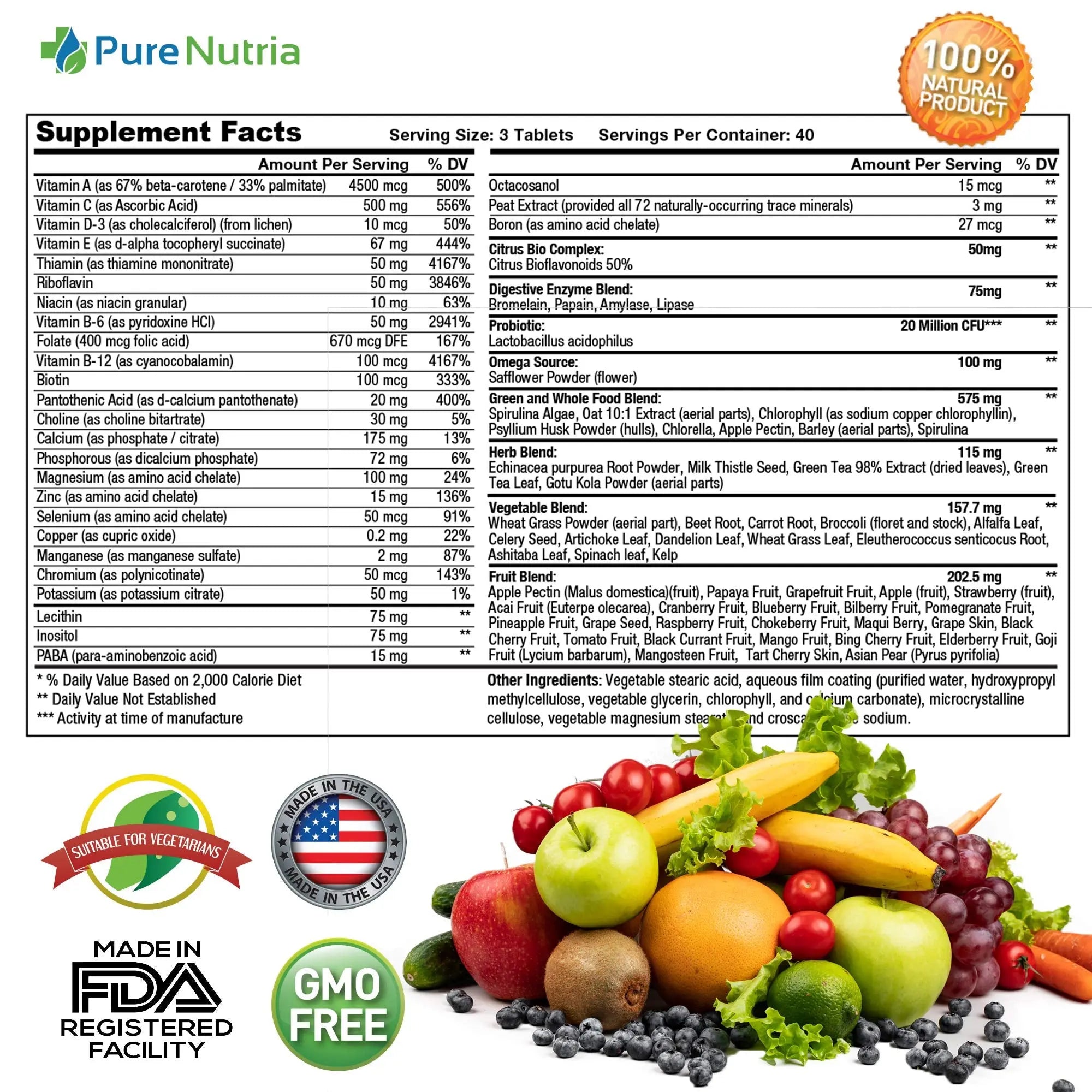 Whole Food MultiVitamin and Minerals with Probiotic Enzymes - 120 Multivitamins for Women and Men - Packed with WholeFood and Herbal Ingredients PureNutria buy supplements canada