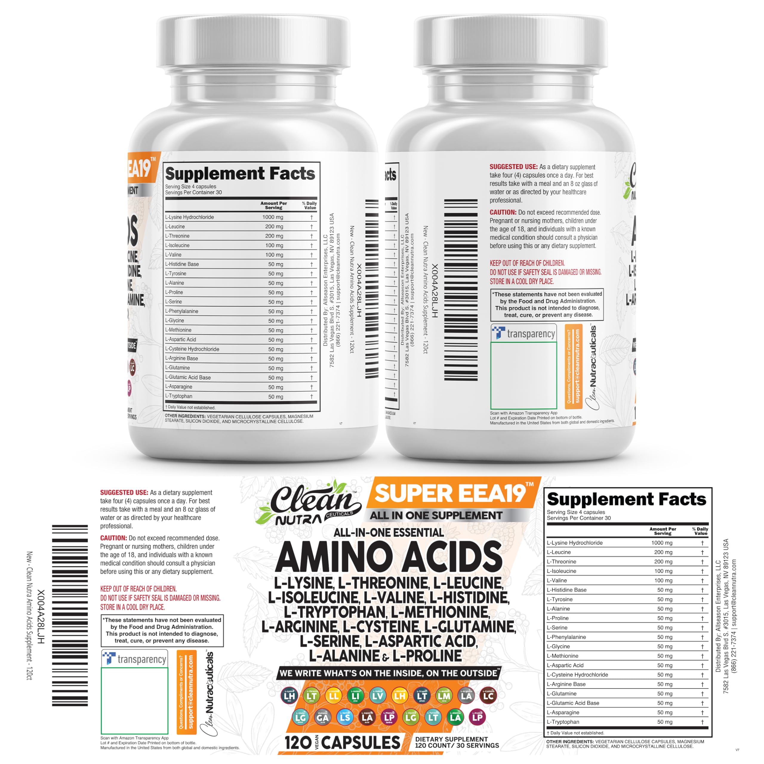 Clean Nutraceuticals Amino Acids Supplement L-Lysine, L-Threonine, L-Leucine, Isoleucine, Valine, L-Histidine, L-Tryptophan, L-Methionine, L-Arginine, L-Cysteine, Clean Nutraceuticals buy supplements canada