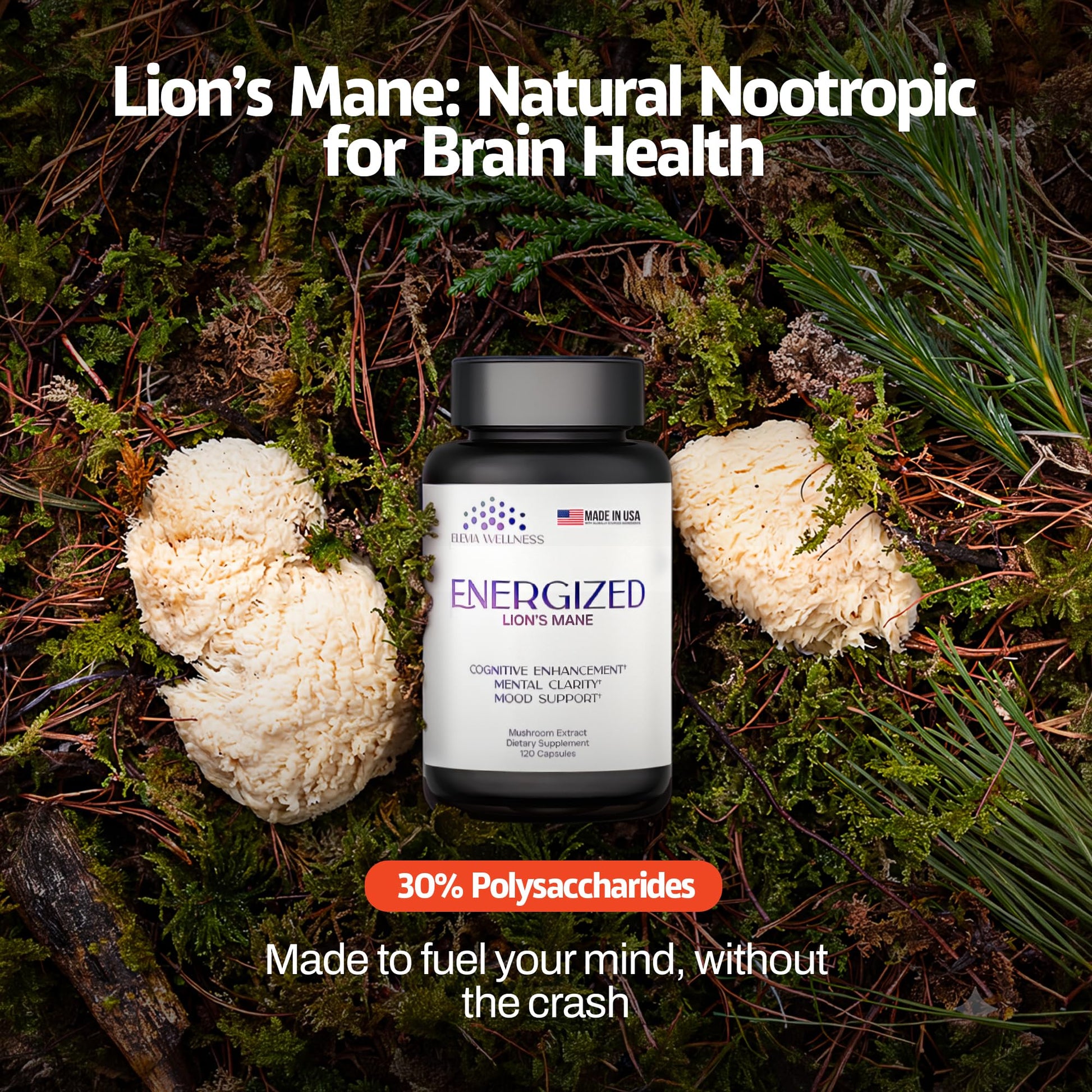 Energized Lions Mane Supplement Capsules (120ct),Brain Supplements for Memory and Focus, Nootropic for Brain Fog Relief Made in USA,30% Polysaccharides,Natural Brain Health Support Elevia Wellness buy supplements canada