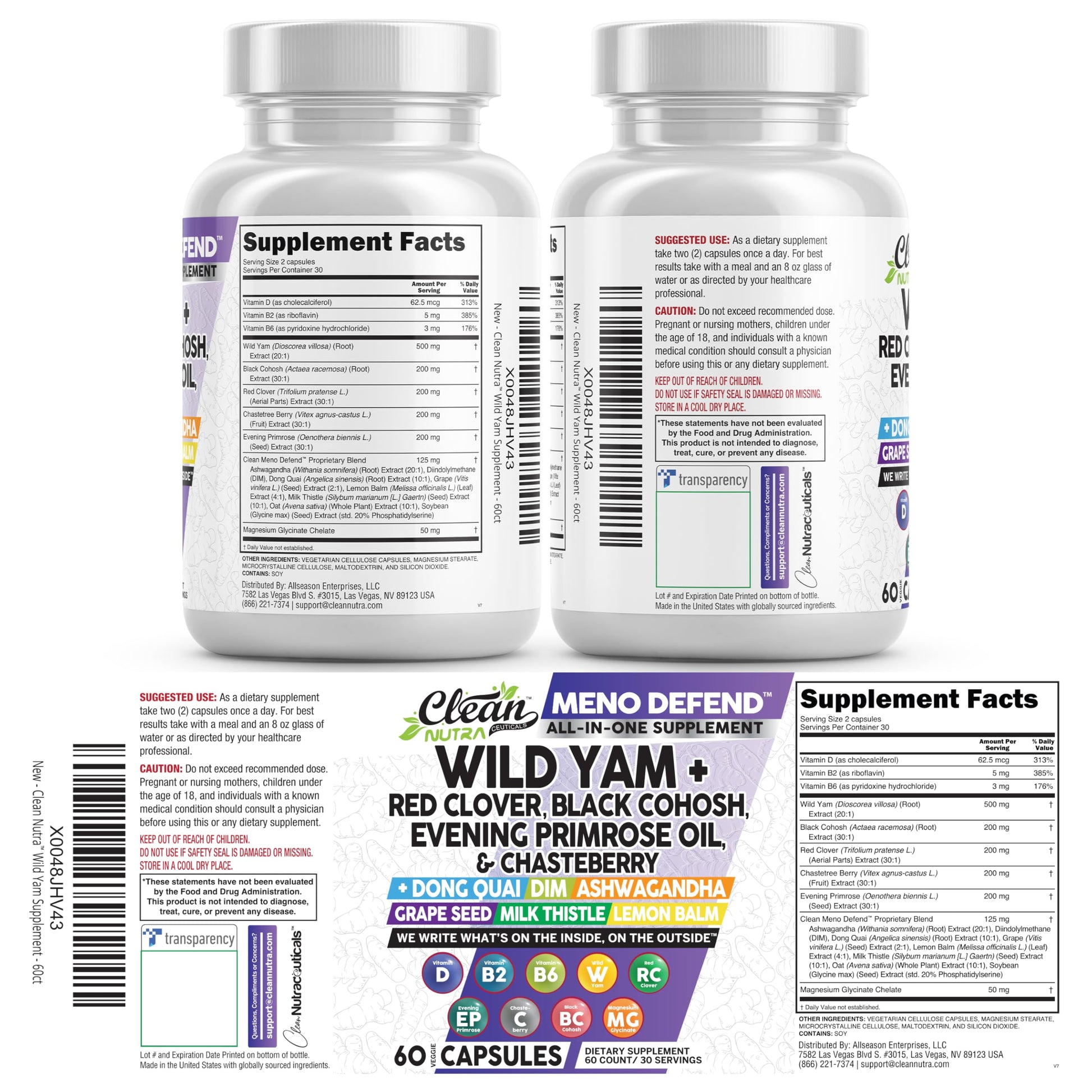 Clean Nutra Wild Yam Root Capsules with Red Clover Black Cohosh Evening Primrose Oil Chasteberry Dong Quai DIM Ashwagandha Grape Seed Extract Milk Thistle Lemon Balm Clean Nutraceuticals buy supplements canada
