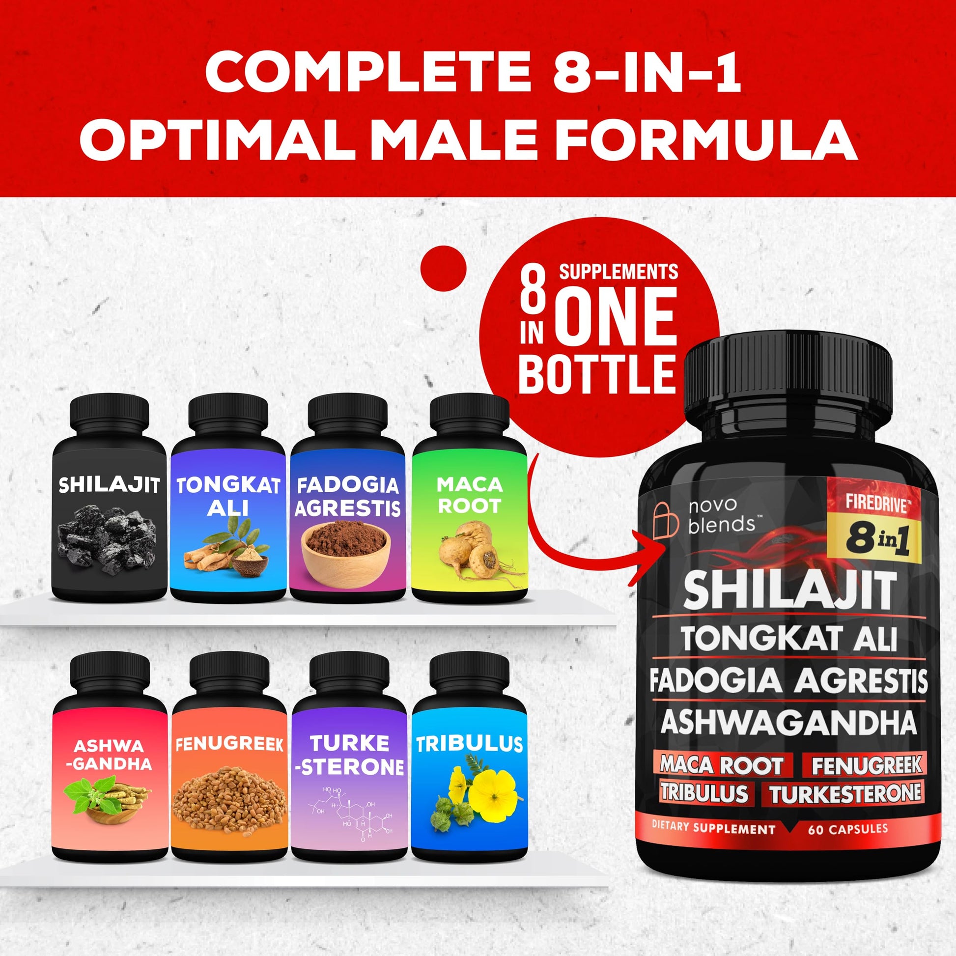 Shilajit 3000mg Tongkat Ali 15,000mg Fadogia Agrestis 1000mg Maca Root 2000mg Ashwagandha 4000mg Fenugreek 1500mg Tribulus Terrestris 500mg Turkesterone 500mg, 8-in-1 Supplement Blend for Men Novo Blends buy supplements canada