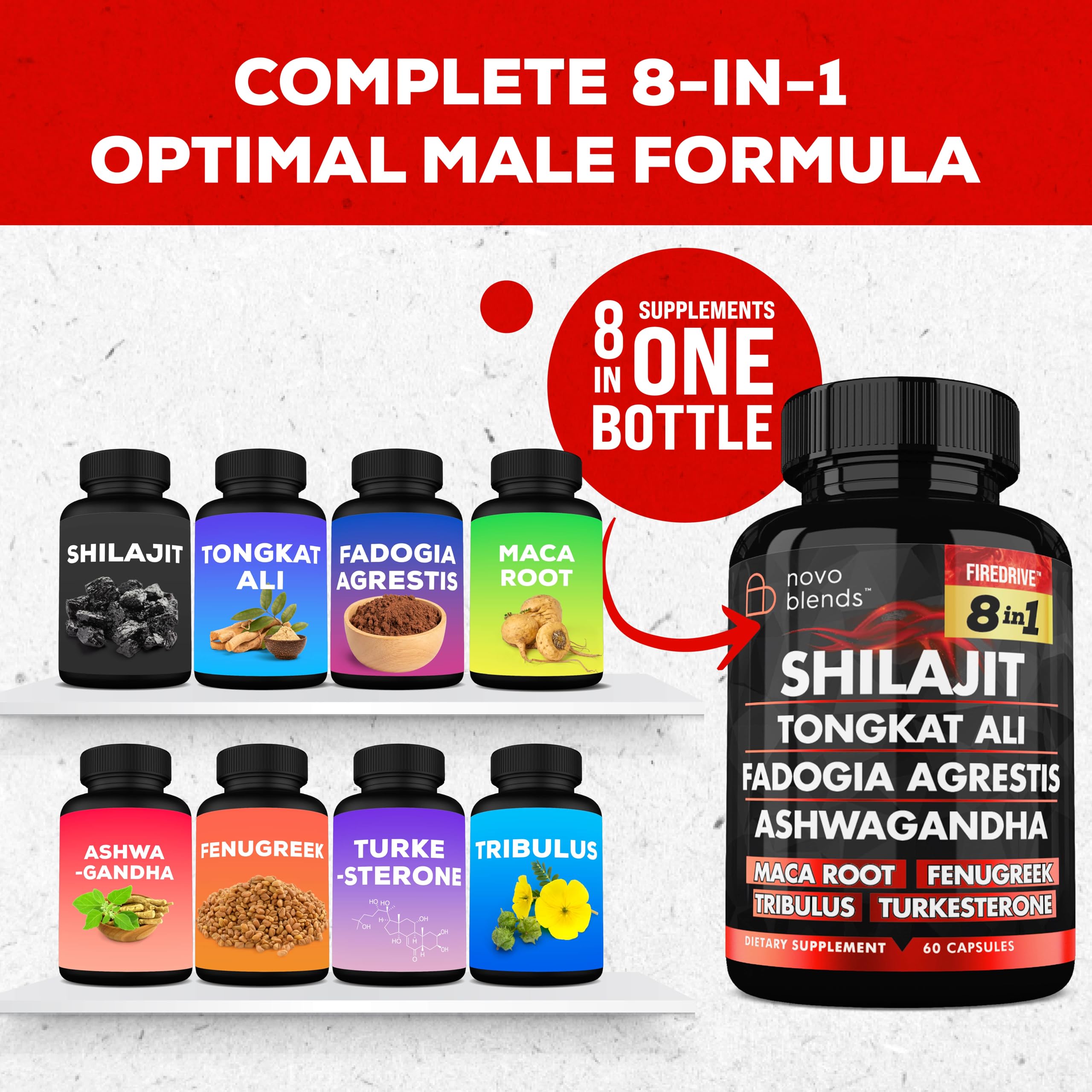 Shilajit 3000mg Tongkat Ali 15,000mg Fadogia Agrestis 1000mg Maca Root 2000mg Ashwagandha 4000mg Fenugreek 1500mg Tribulus Terrestris 500mg Turkesterone 500mg, 8-in-1 Supplement Blend for Men Novo Blends buy supplements canada