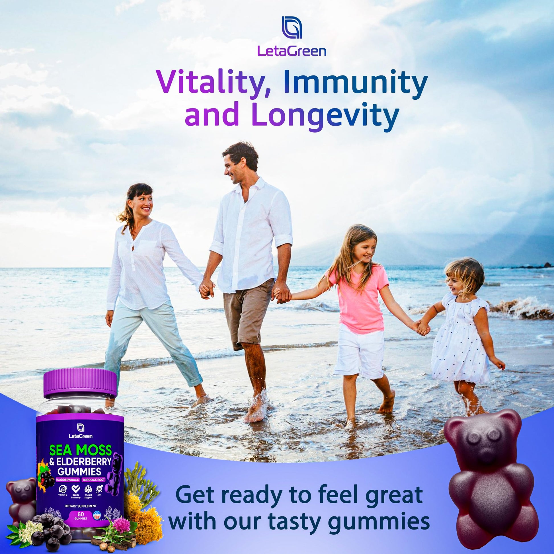 LetaGreen Irish Sea Moss Gummies - 60 Vegan Seamoss Gummies Bears LetaGreen buy supplements canada