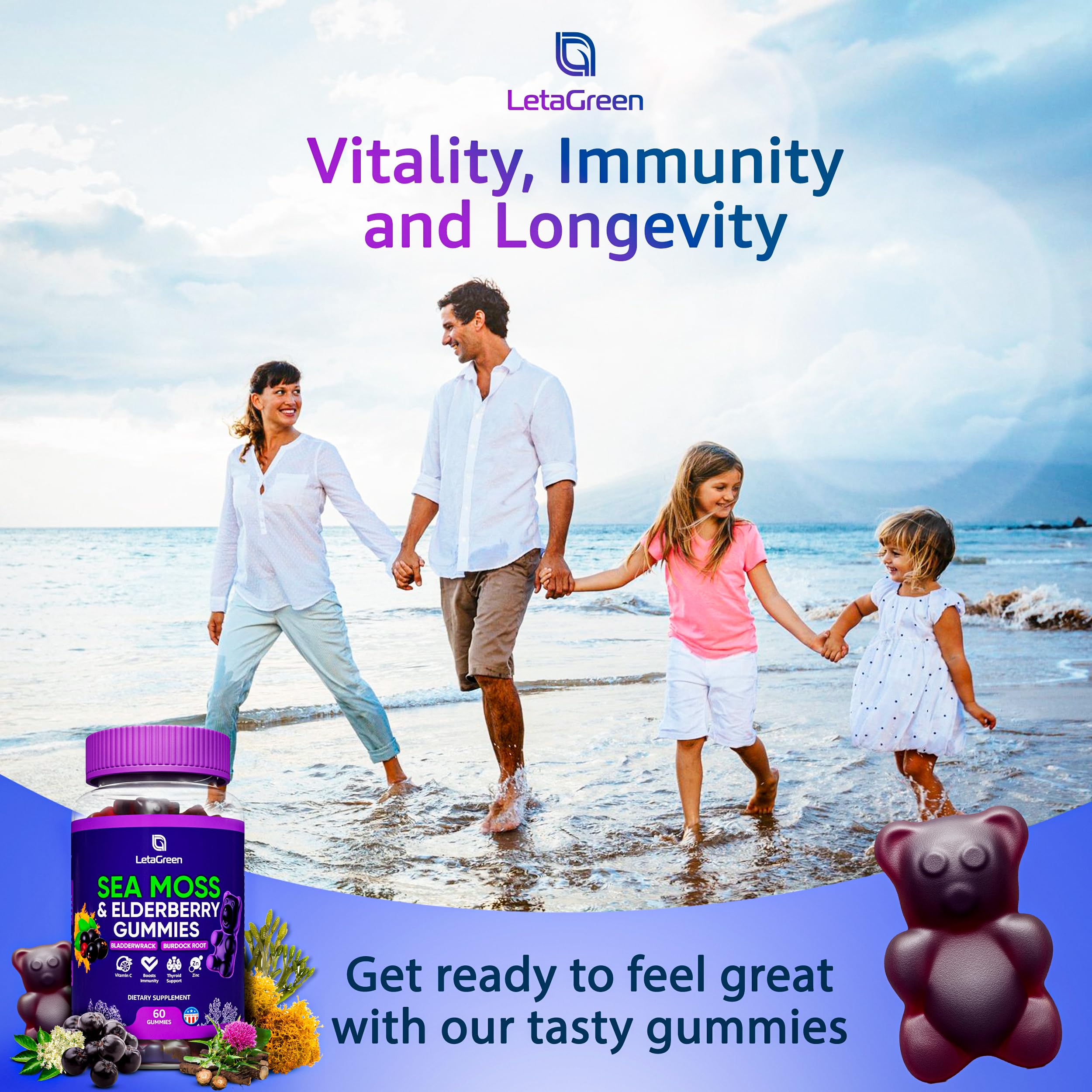LetaGreen Irish Sea Moss Gummies - 60 Vegan Seamoss Gummies Bears LetaGreen buy supplements canada