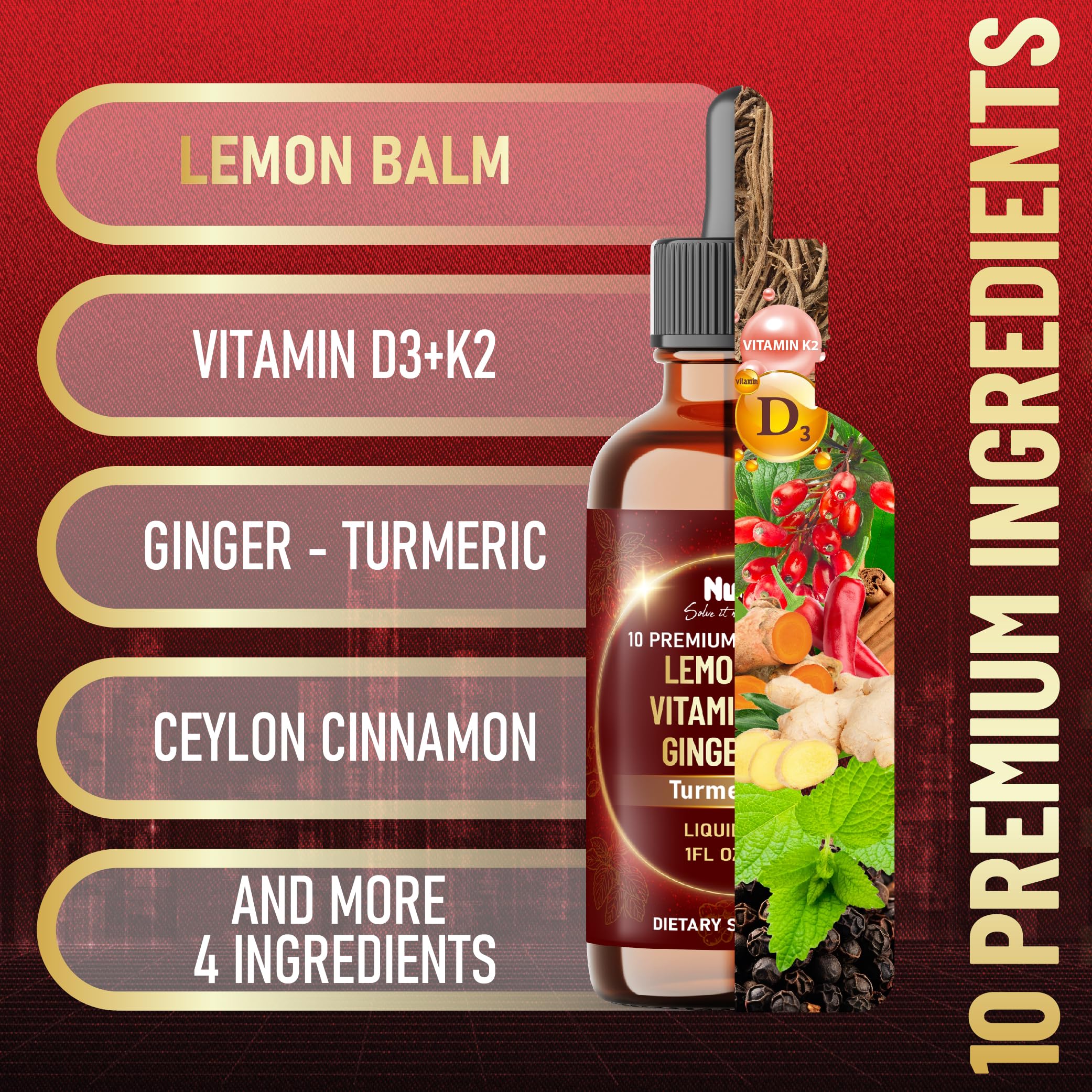 NUQIIT 10in1 Lemon Balm Tincture Blend Includes Vitamin D3, Vitamin K2, Lemon Balm, Ginger, Turmeric, Ceylon Cinnamon and More - 1 FL Oz - 60 Day Supply NUQIIT buy supplements canada