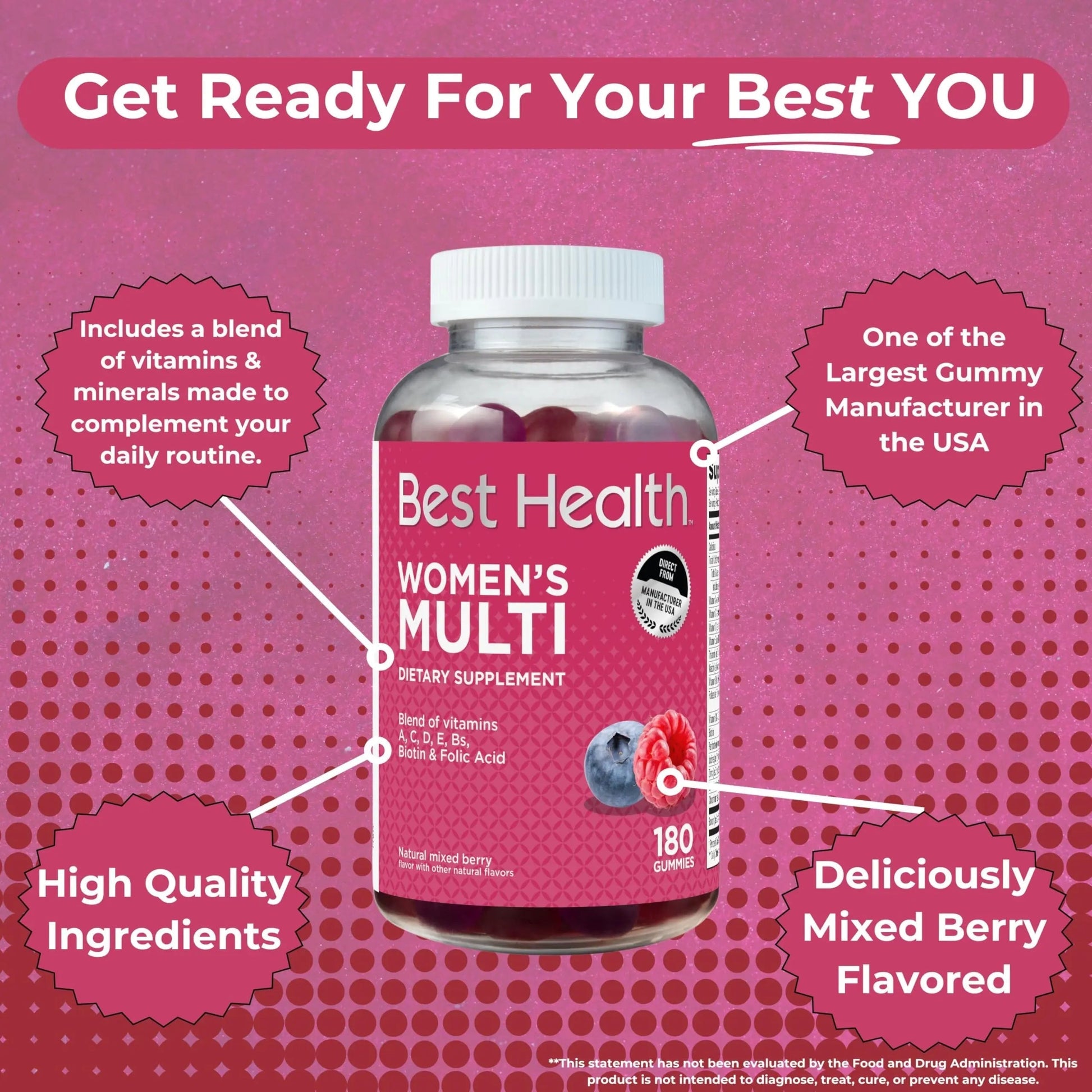 Best Health Women’s Multivitamin Gummies, Multivitamin for Women with Biotin, Folic Acid, Vitamins A,C,D,E,Natural Mixed Berry Flavor (180ct) Best Health buy supplements canada