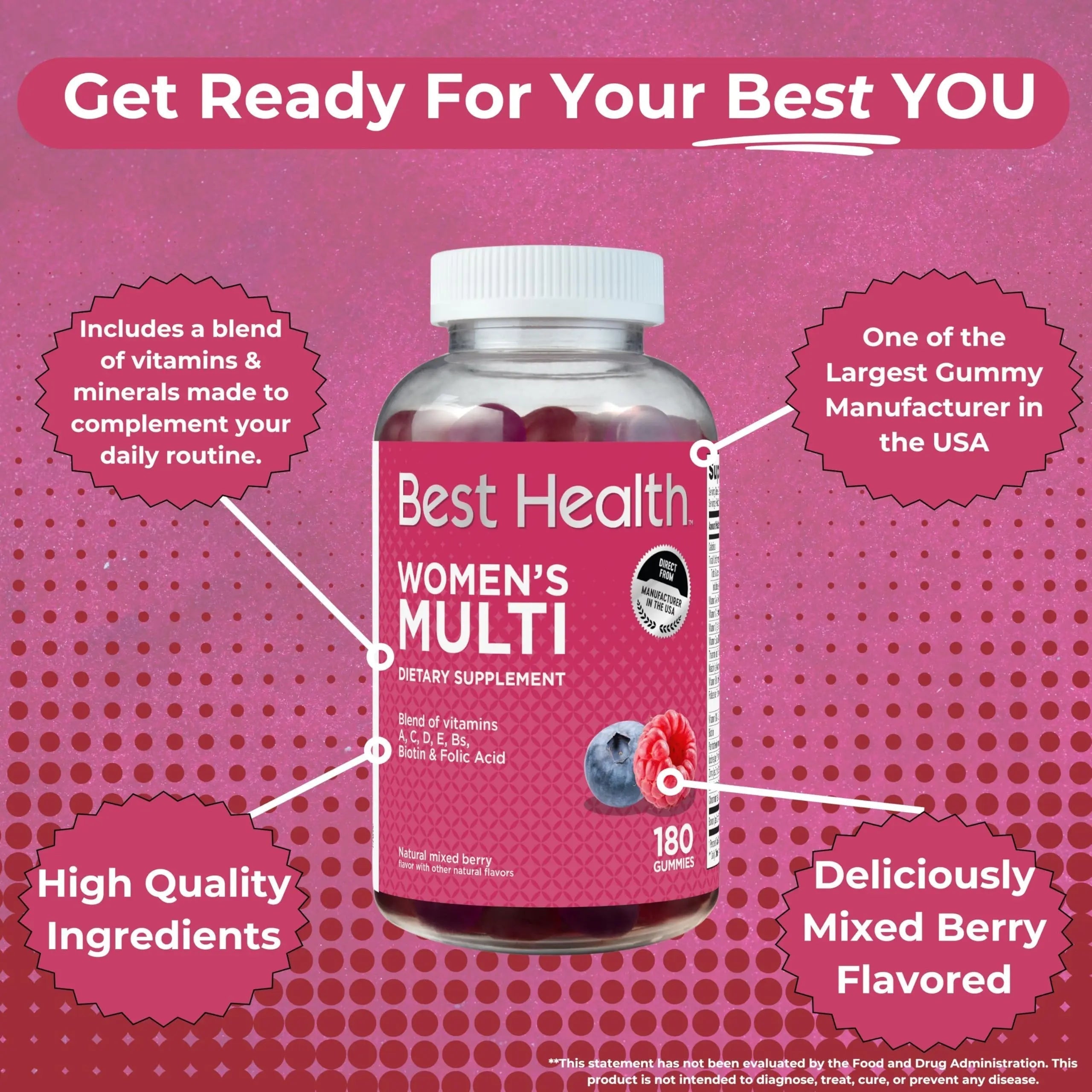 Best Health Women’s Multivitamin Gummies, Multivitamin for Women with Biotin, Folic Acid, Vitamins A,C,D,E,Natural Mixed Berry Flavor (180ct) Best Health buy supplements canada