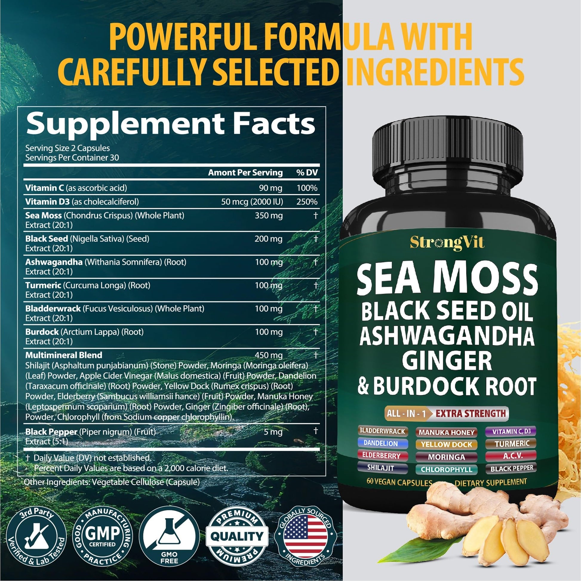 StrongVit Sea Moss Black Seed Oil Ashwagandha Ginger, Organic Sea Moss Capsules with Burdock Root, Irish Seamoss Pills with Bladderwrack, Advanced Multimineral Supplement, USA StrongVit buy supplements canada