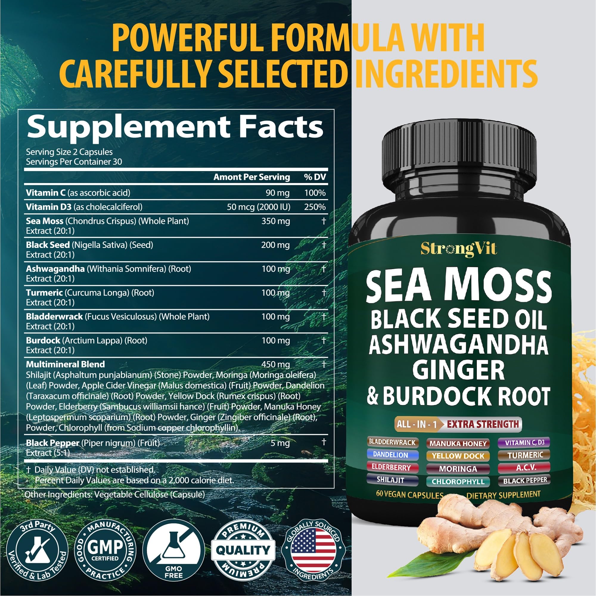 StrongVit Sea Moss Black Seed Oil Ashwagandha Ginger, Organic Sea Moss Capsules with Burdock Root, Irish Seamoss Pills with Bladderwrack, Advanced Multimineral Supplement, USA StrongVit buy supplements canada