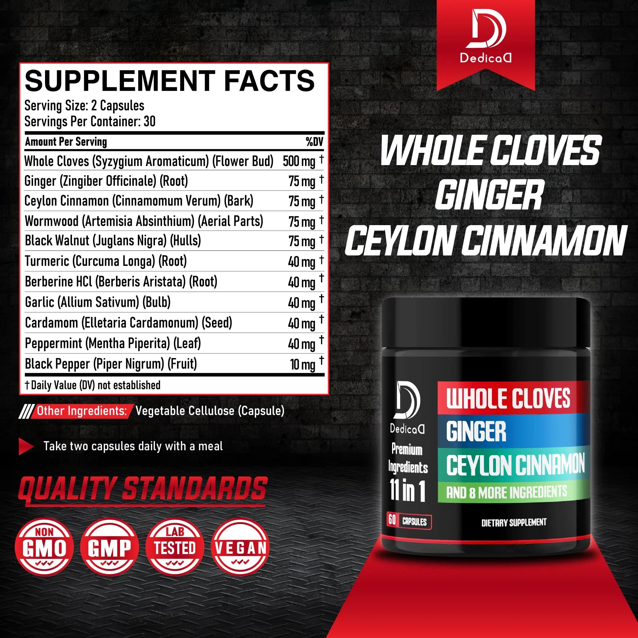 DEDICAD 11in1 Cloves Supplement with Ginger, Ceylon Cinnamon and 8 Other More - Digestive, Immune System, Mood Support - 60 Capsules - 30 Days Supply DEDICAD buy supplements canada