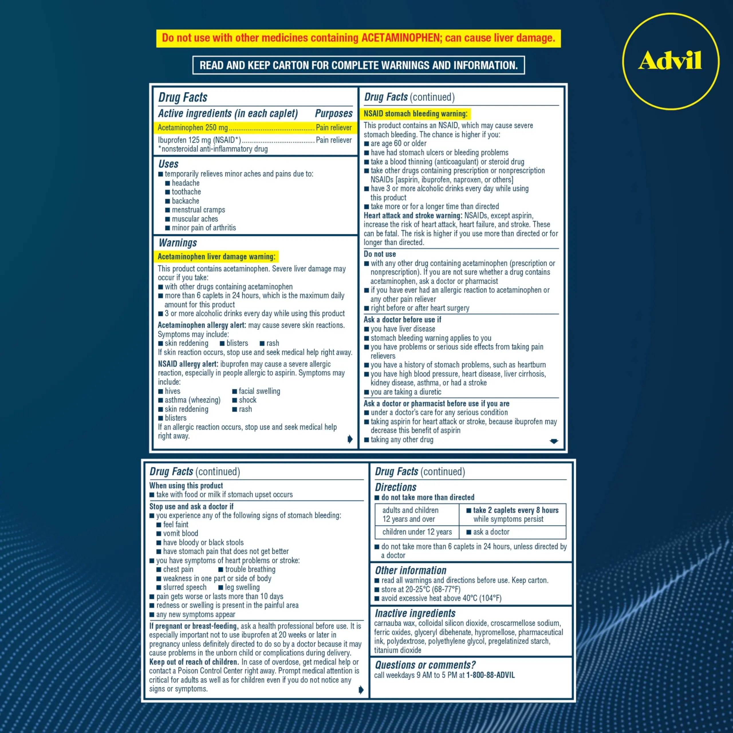 Advil Dual Action Coated Caplets with Acetaminophen, 250 Mg Ibuprofen and 500 Mg Acetaminophen Per Dose (2 Dose Equivalent) for 8 Hour Pain Relief - 72 Count Advil buy supplements canada