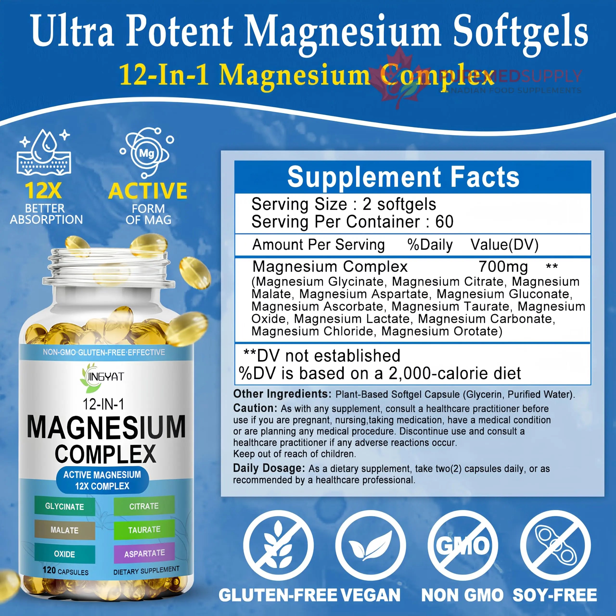 Magnesium Complex Softgels - 12-in-1 Magnesium Supplement with Glycinate,Citrate,Malate,Oxide,Taurate - High Absorption Magnesium Complex for Women & Men for Muscle, Heart, Sleep, Bone, Nerve Support JINGYAT buy supplements canada