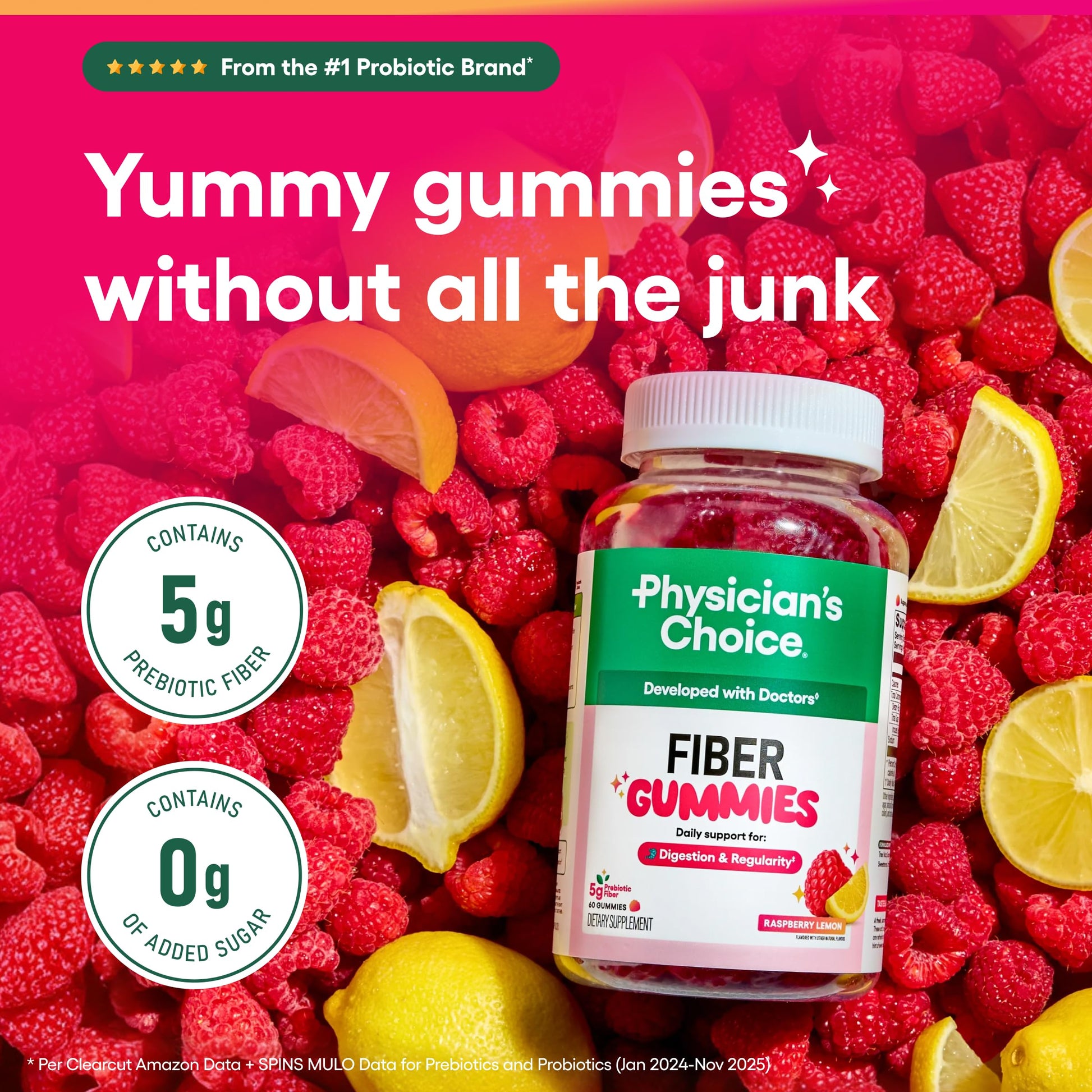 Physician’s Choice Fiber Gummies for Digestive Health & Regularity - Raspberry Lemon Flavor - No Sugar Added & Vegan - Natural Chicory Root Prebiotic Fiber Physician's CHOICE buy supplements canada