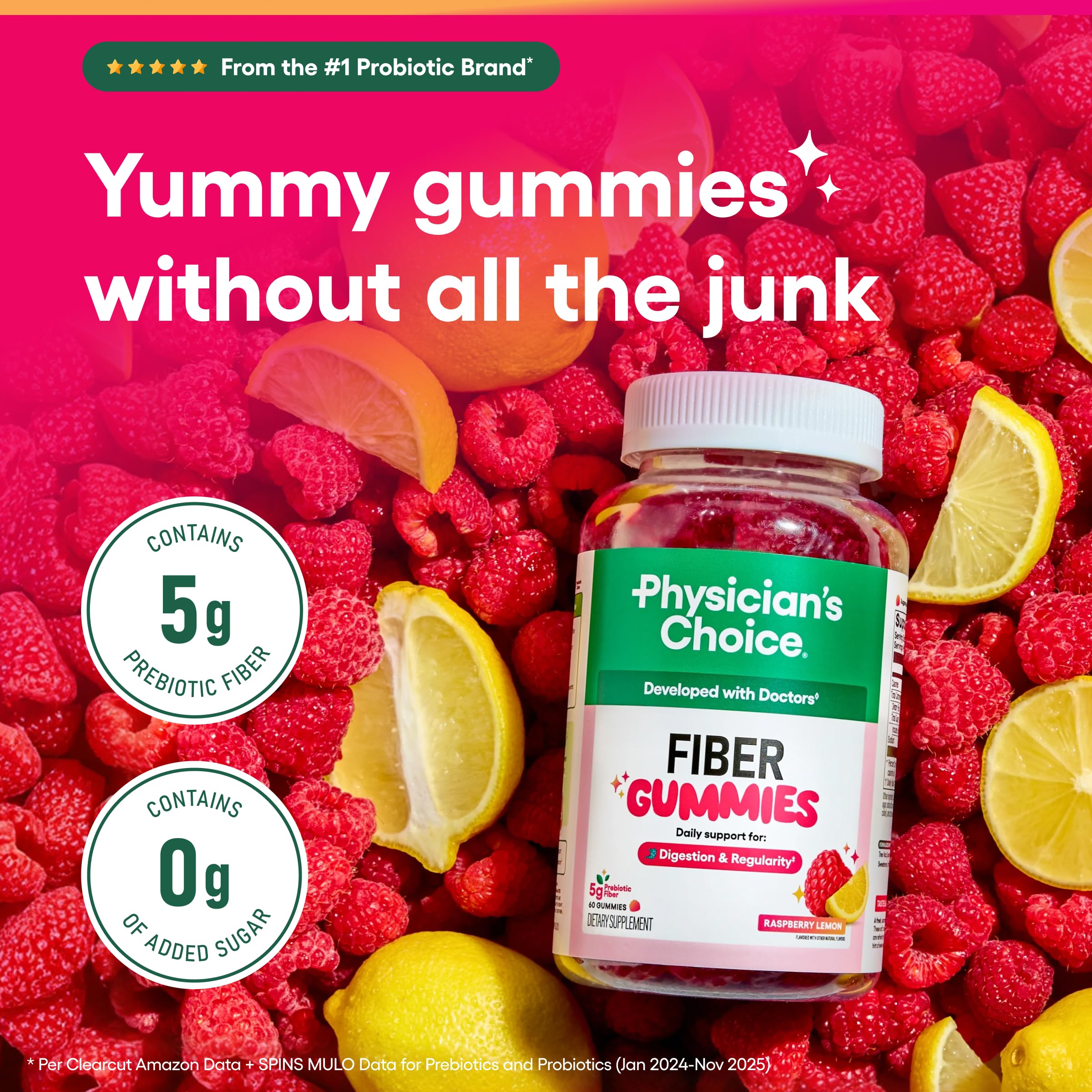 Physician’s Choice Fiber Gummies for Digestive Health & Regularity - Raspberry Lemon Flavor - No Sugar Added & Vegan - Natural Chicory Root Prebiotic Fiber Physician's CHOICE buy supplements canada