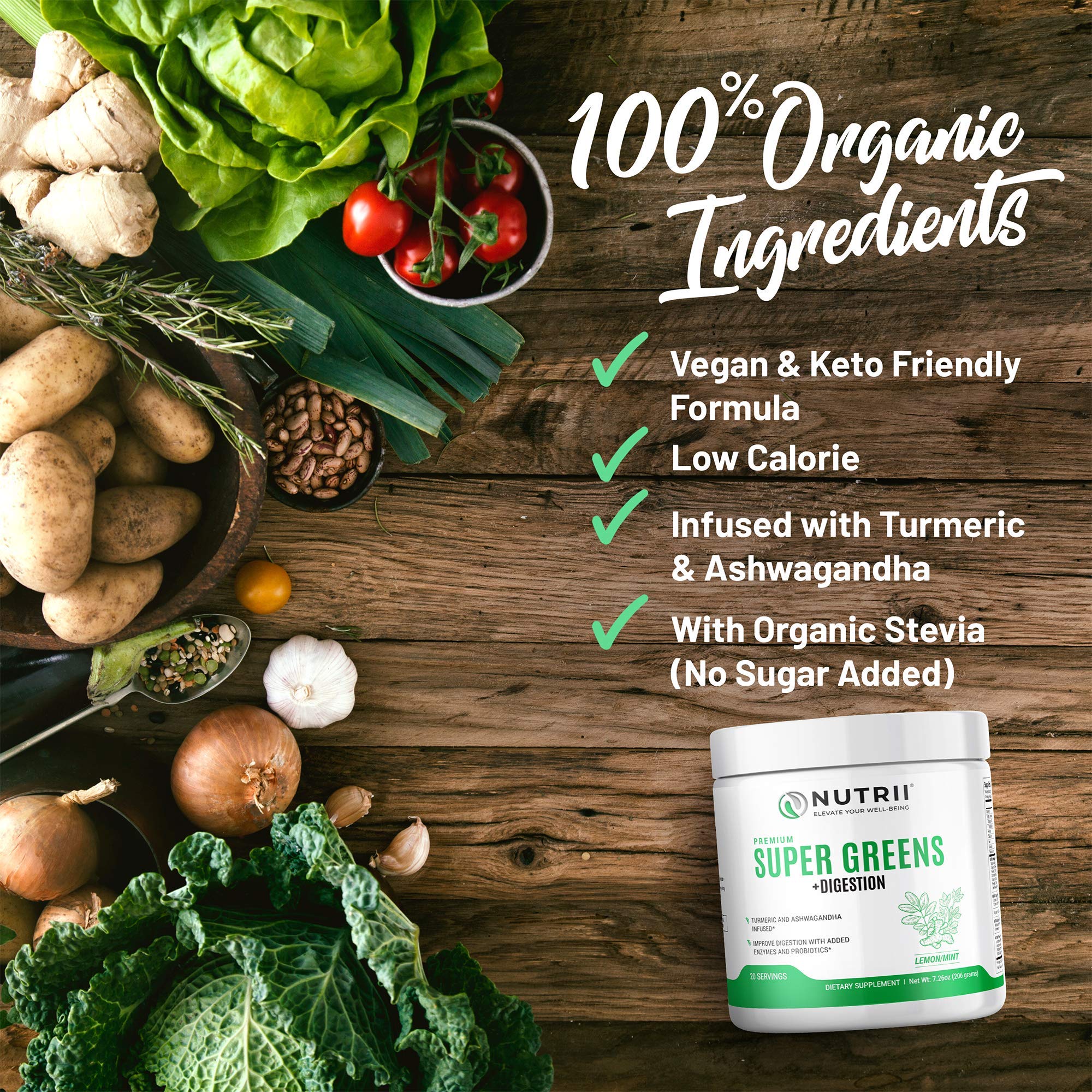 Nutrii Organic Green Immunity Superfood Powder - Soothes Digestion, Boosts Healthy Vitality and Energy. Fast Acting Formula with Probiotics, Enzymes, Turmeric and Ashwagandha (30 Servings Lemon-Mint) Nutrii buy supplements canada