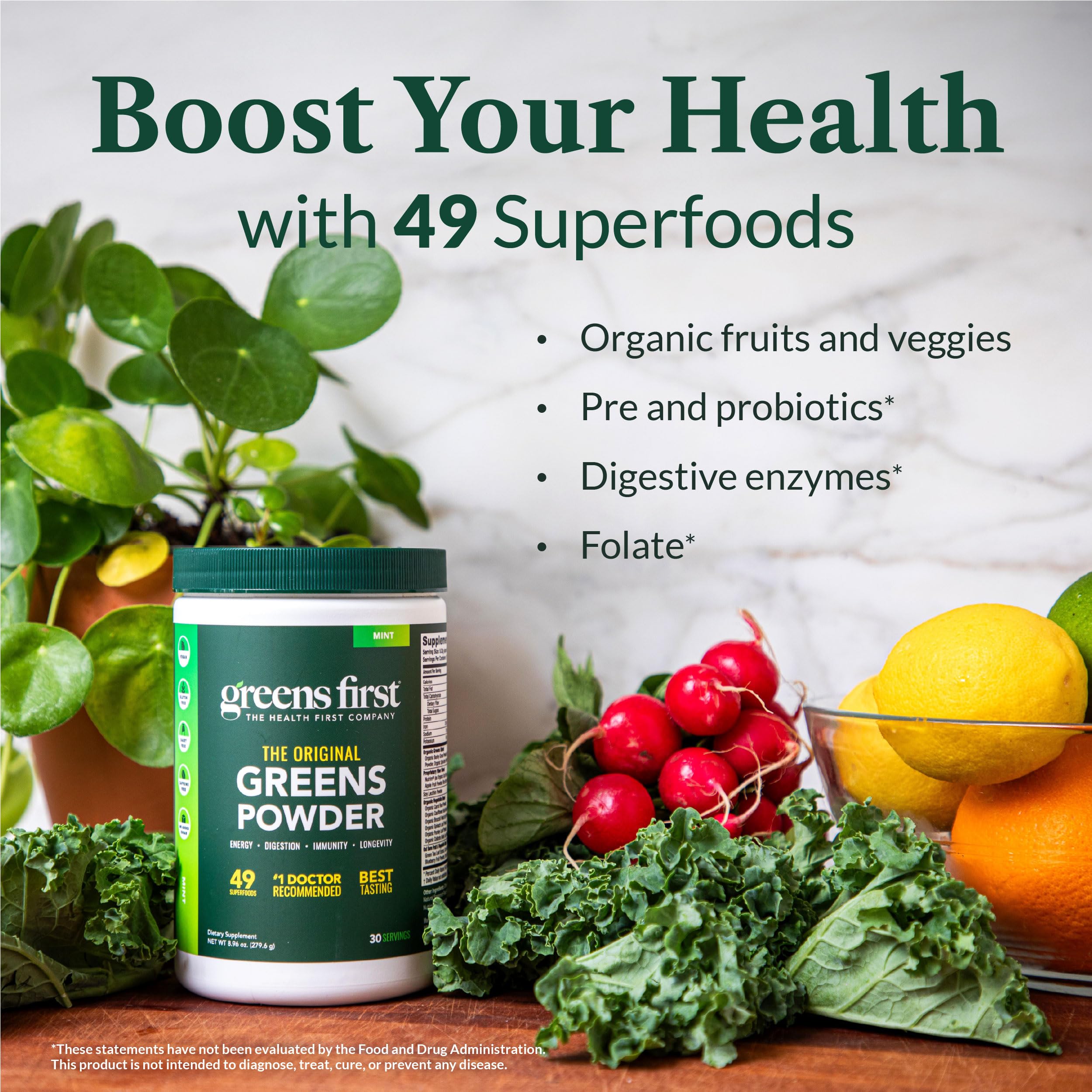 Greens First Original Greens Powder - 49 Superfoods - Organic Fruits & Veggies - Prebiotics, Probiotics & Digestive Enzymes - Antioxidant Smoothie - Dairy Free, Vegan & Non-GMO (Mint, 30 Servings) Greens First buy supplements canada