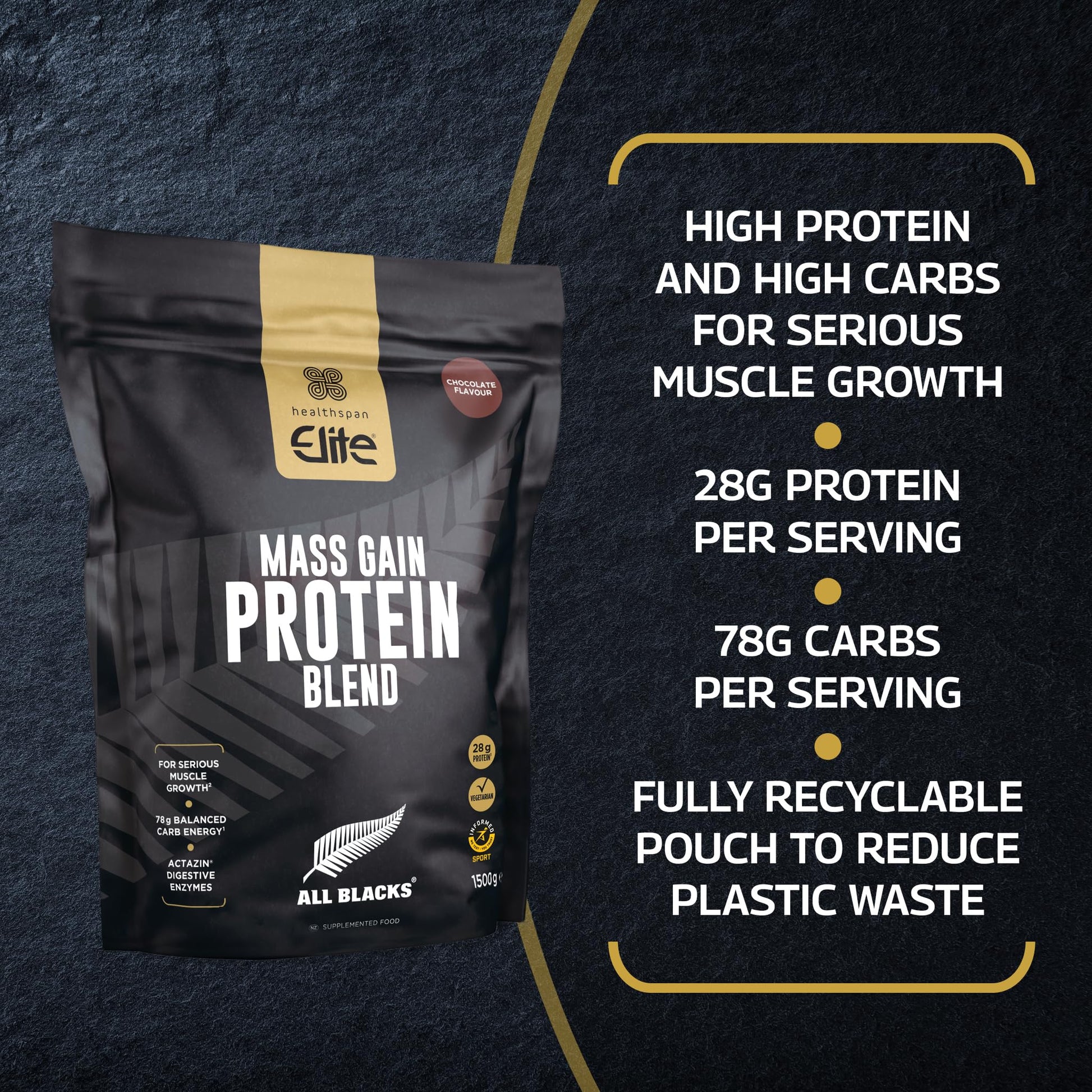 Healthspan Elite All Blacks Mass Gain Protein Blend (1500g) | Chocolate | 28g of Protein Healthspan Elite buy supplements canada