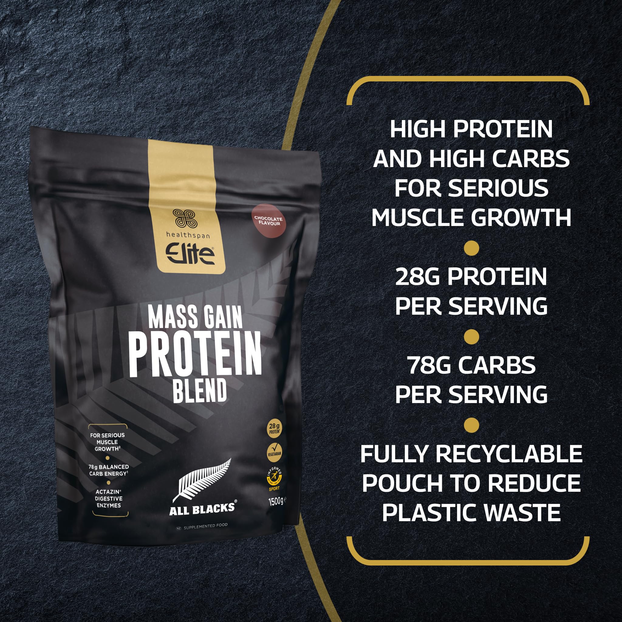 Healthspan Elite All Blacks Mass Gain Protein Blend (1500g) | Chocolate | 28g of Protein Healthspan Elite buy supplements canada