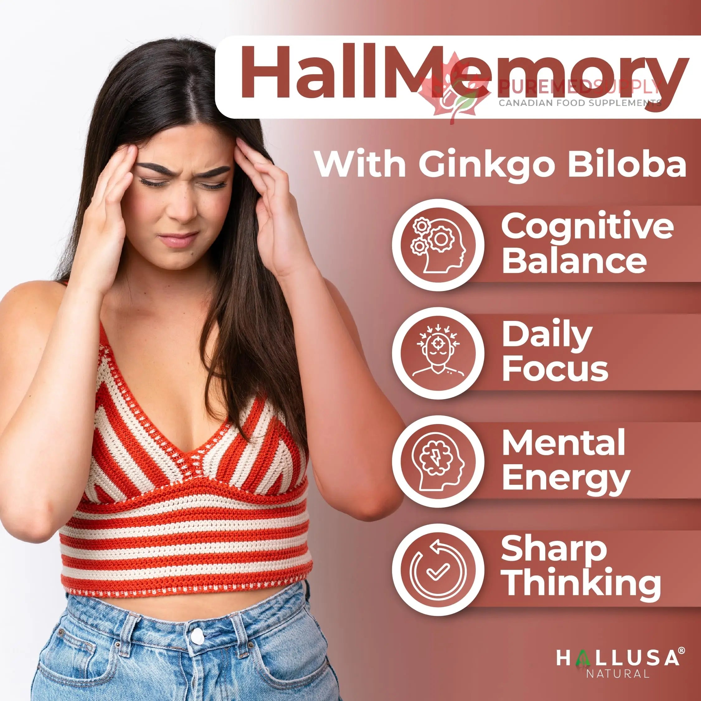 Hallusa Natural Brain Health Supplement Capsules 1680mg, Ginkgo Biloba, B Vitamins & Choline, Memory & Focus Support, Brain Booster for Men & Women, 60 Count Hallusa Natural buy supplements canada