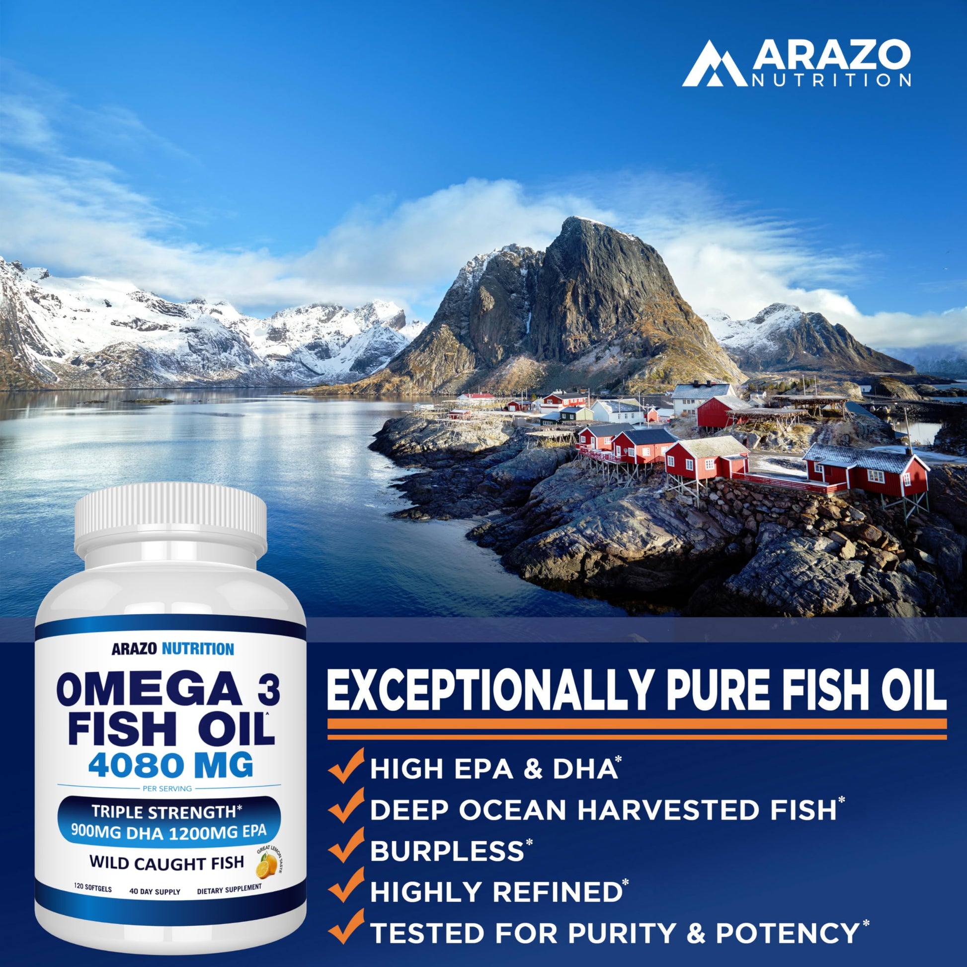 Arazo Nutrition Wild Caught Omega-3 Fish Oil Concentrate – 4,080mg per Serving – High EPA 1200mg & DHA 900mg dailyvitalstore buy supplements canada
