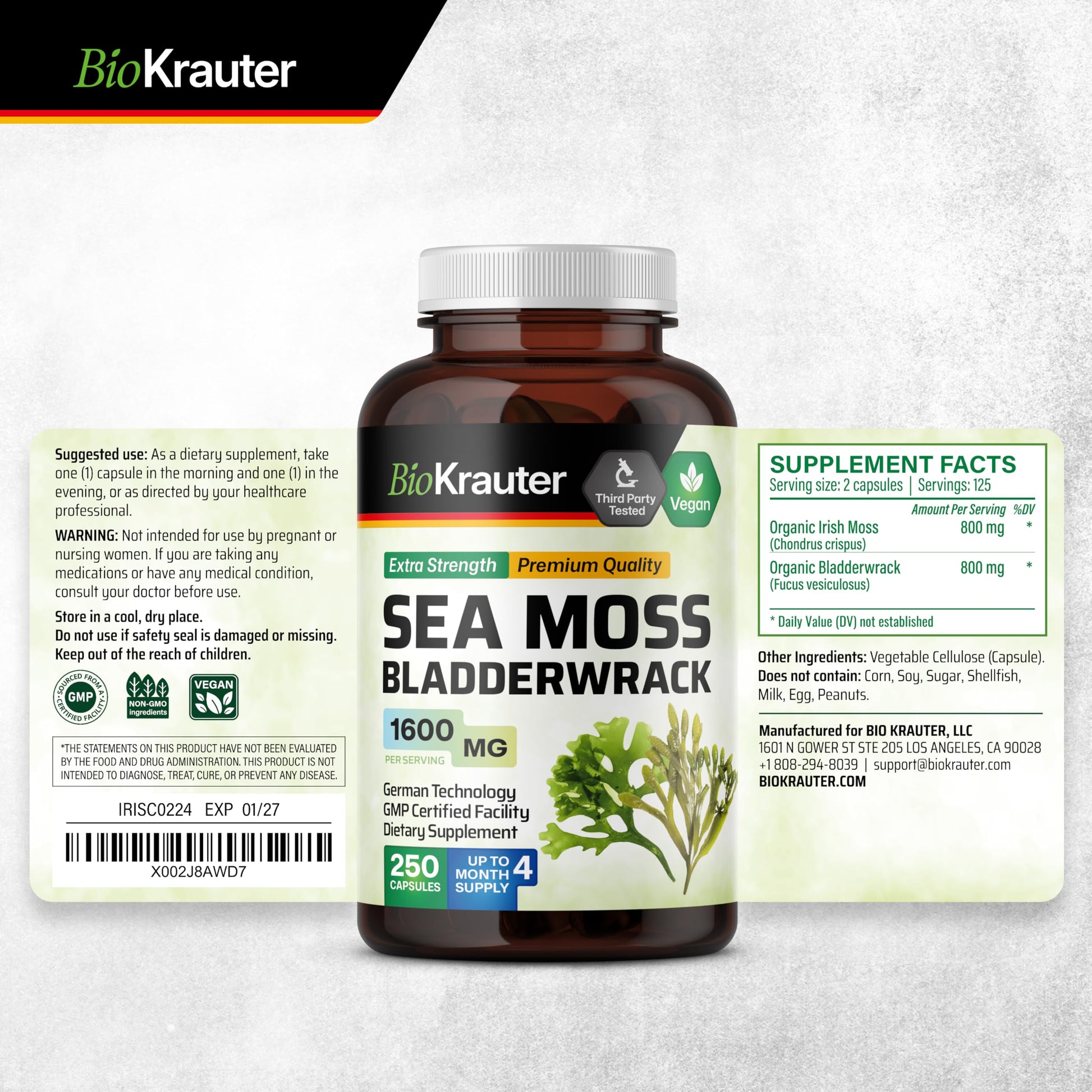 BIO KRAUTER® 2-in-1 Sea Moss for Thyroid Support - Vegan Bladderwrack & Sea Moss Capsules for Women & Men - Natural Сhondrus Сrispus Seaweed Supplement 1600 mg - 125 Days of Supply, Non-GMO BIO KRAUTER buy supplements canada