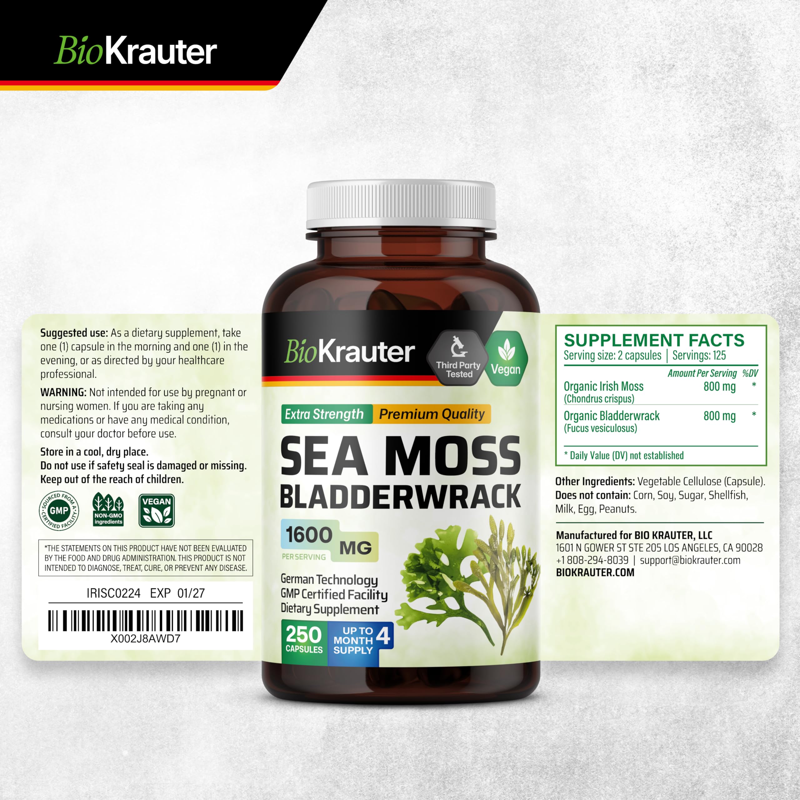 BIO KRAUTER® 2-in-1 Sea Moss for Thyroid Support - Vegan Bladderwrack & Sea Moss Capsules for Women & Men - Natural Сhondrus Сrispus Seaweed Supplement 1600 mg - 125 Days of Supply, Non-GMO BIO KRAUTER buy supplements canada