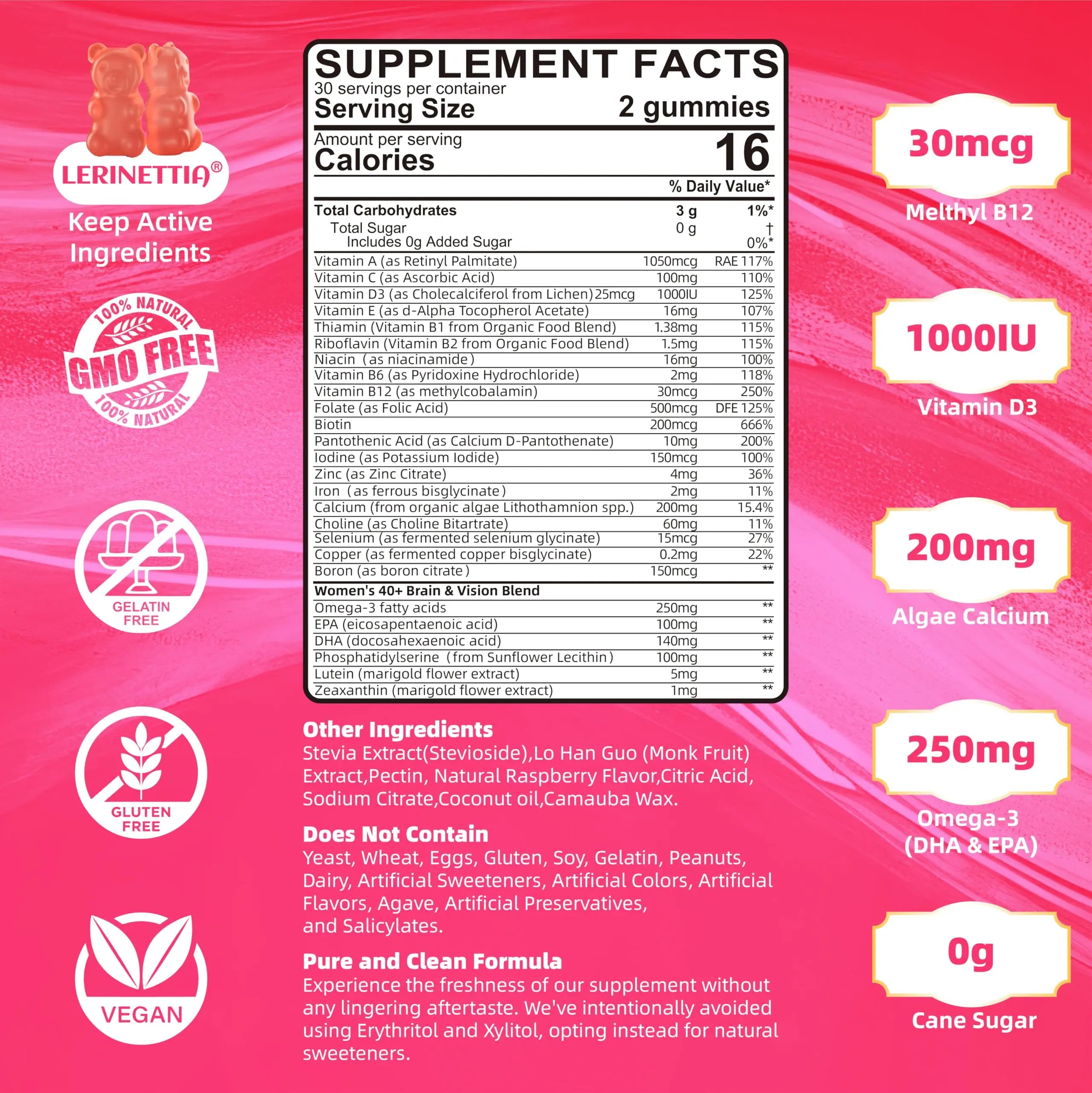 Lerinettia Multivitamin for Women Gummies for 40+ with Omega-3, Niacinamide, B-Complex, Lutein, Iron, Choline, Phosphatidylserine, Vitamin D3 Lerinettia buy supplements canada
