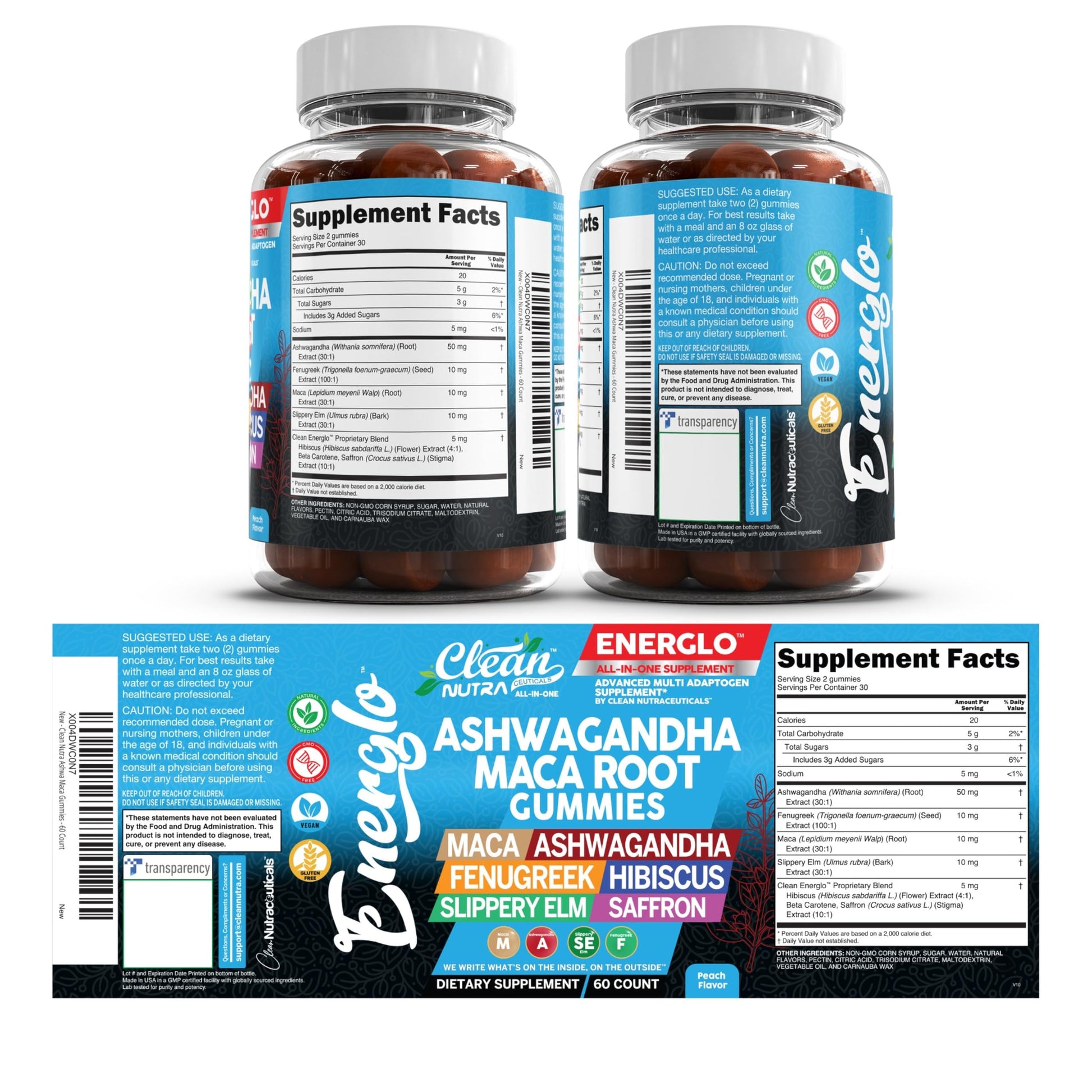 Ashwagandha Maca Root Gummies with Fenugreek Hibiscus Slippery Elm Saffron Extract & Beta Carotene | Peach Flavor Vegan Gummy Vitamins Adaptogen Cortisol Supplement Energlo by Clean Nutra Clean Nutraceuticals buy supplements canada