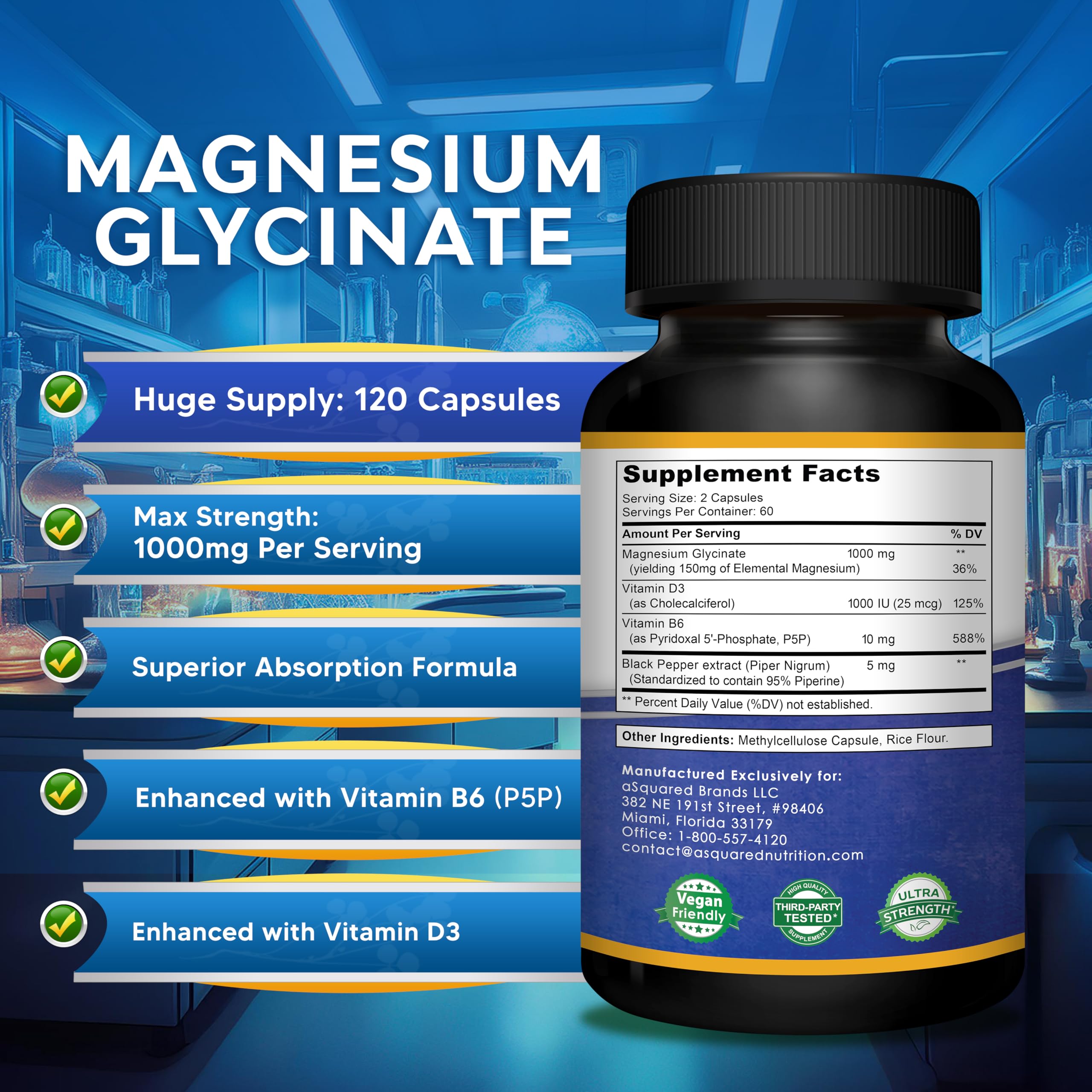 Magnesium Glycinate 1000mg with Vitamin D3 & B6-500mg per Capsule - Pure Elemental Mag Supplement Complex for Sleep, Muscle, Bone Health