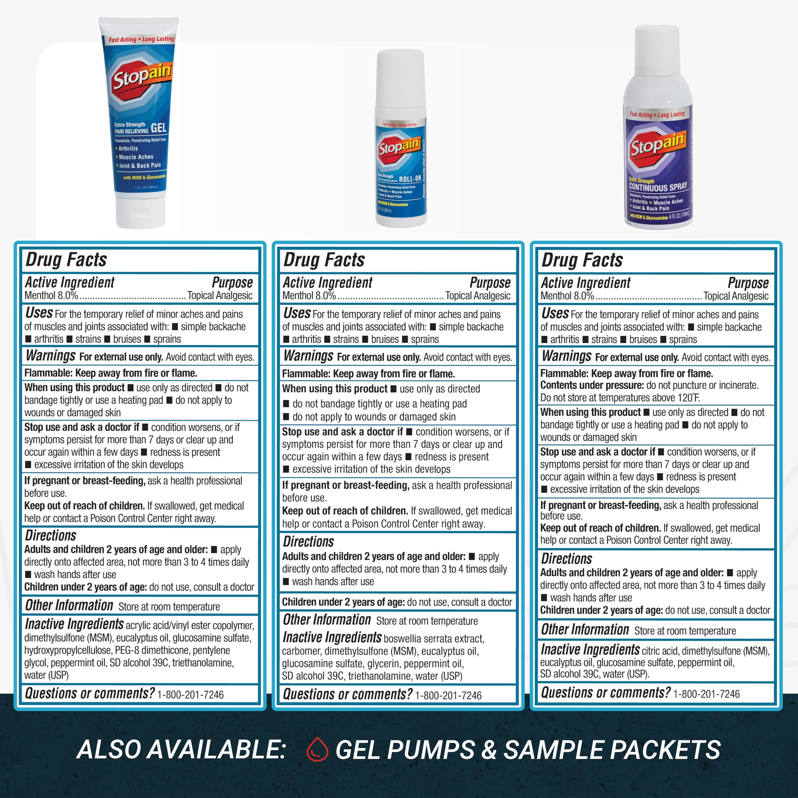 Stopain Pain Relief Combo Set (Gel, Roll On, Spray) USA Made, Max Strength Fast Acting with MSM, Glucosamine, Menthol for Lower Back, Knee, Neck HSA FSA Topical Analgesic Products Stopain buy supplements canada