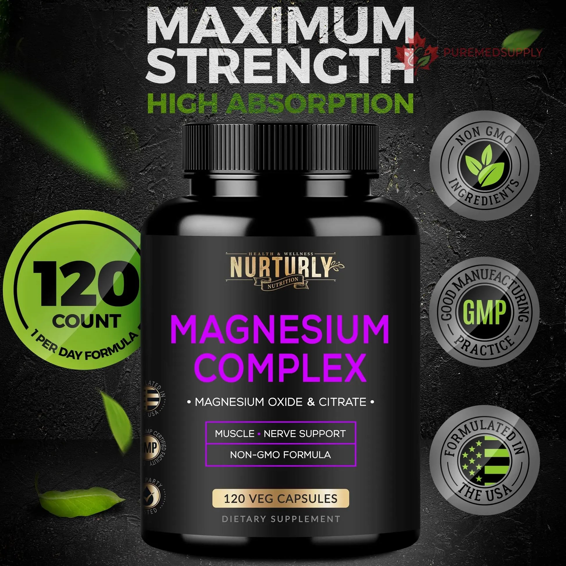 Magnesium Citrate & Oxide 500mg Complex Supplement - High Absorption Maximum Strength - Helps Support Bone Density and Strength, Muscles, Energy and Sleep - 120 Vegan Capsules NURTURLY buy supplements canada