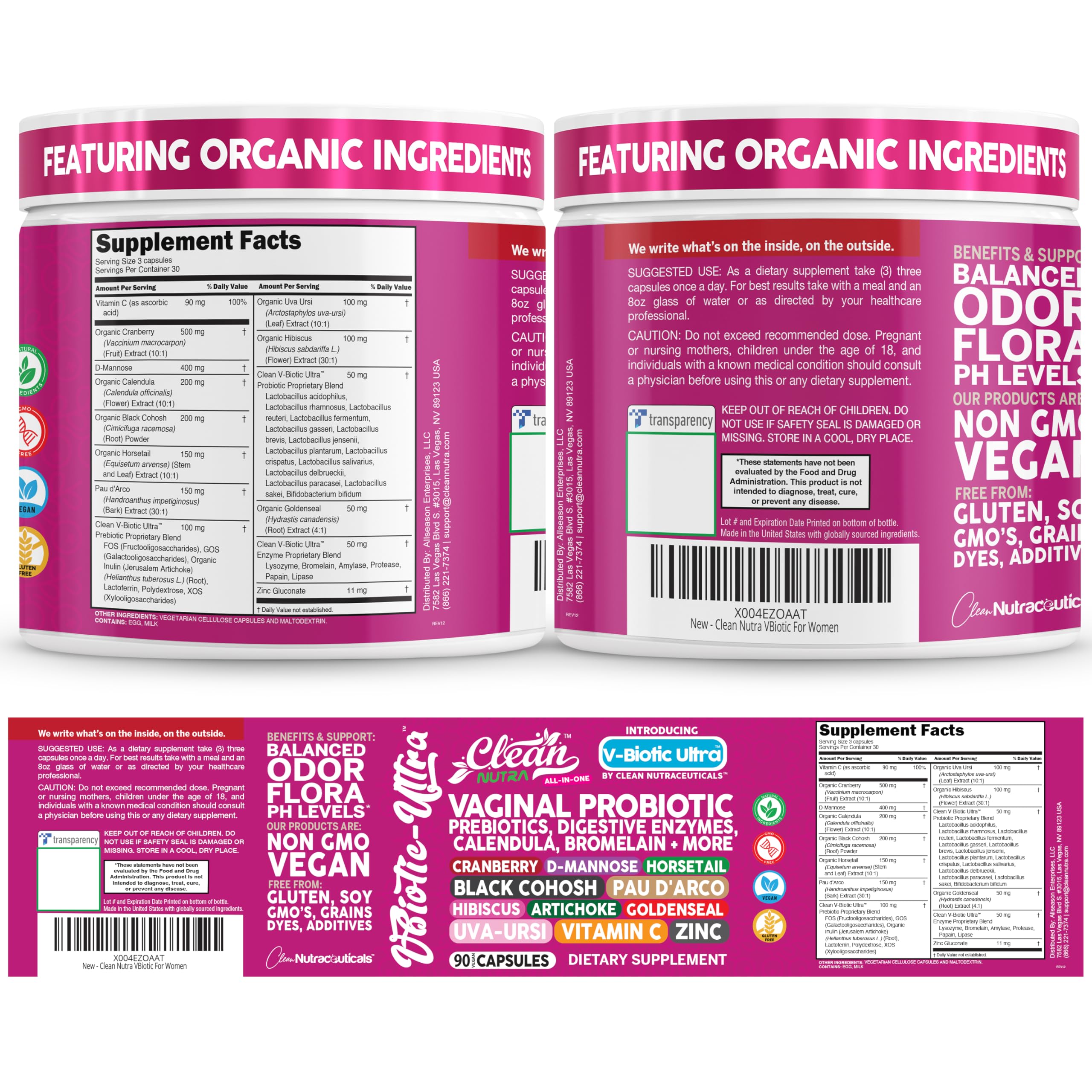 Clean Nutra Vaginal Probiotics for Women + Prebiotics Digestive Enzymes Bromelain Cranberry D Mannose Horsetail Black Cohosh Artichoke Hibiscus Flowers Probiotic for Digestive Health 90 Vegan Capsules Clean Nutraceuticals buy supplements canada