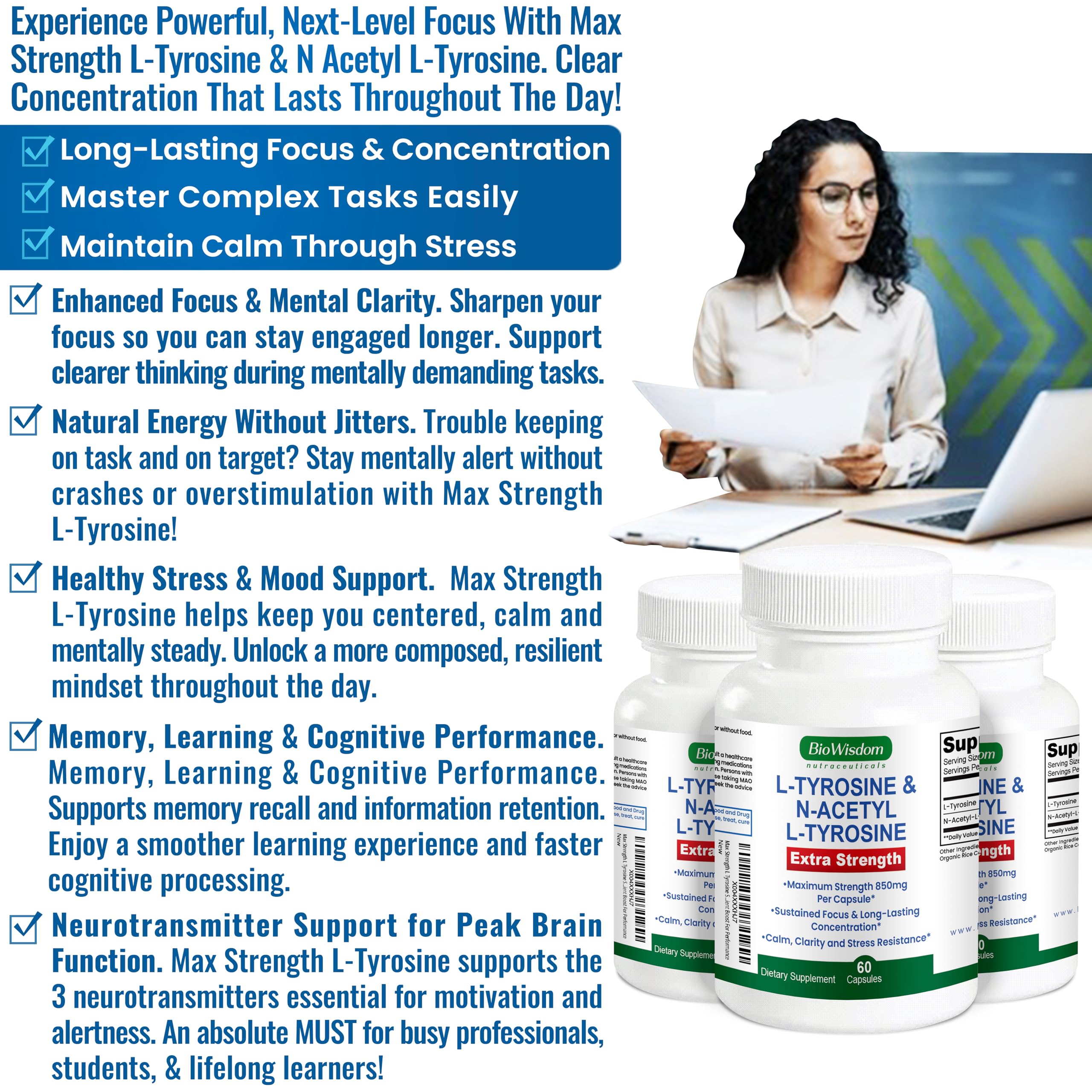 Max Strength L Tyrosine Supplement & N Acetyl L Tyrosine Peak Focus, Alertness, Concentration, Body & Mind Energy. L-Tyrosine 850mg Per 1 Capsule. A Well-Being Nutrient Boost For Performance BioWisdom Nutraceuticals buy supplements canada