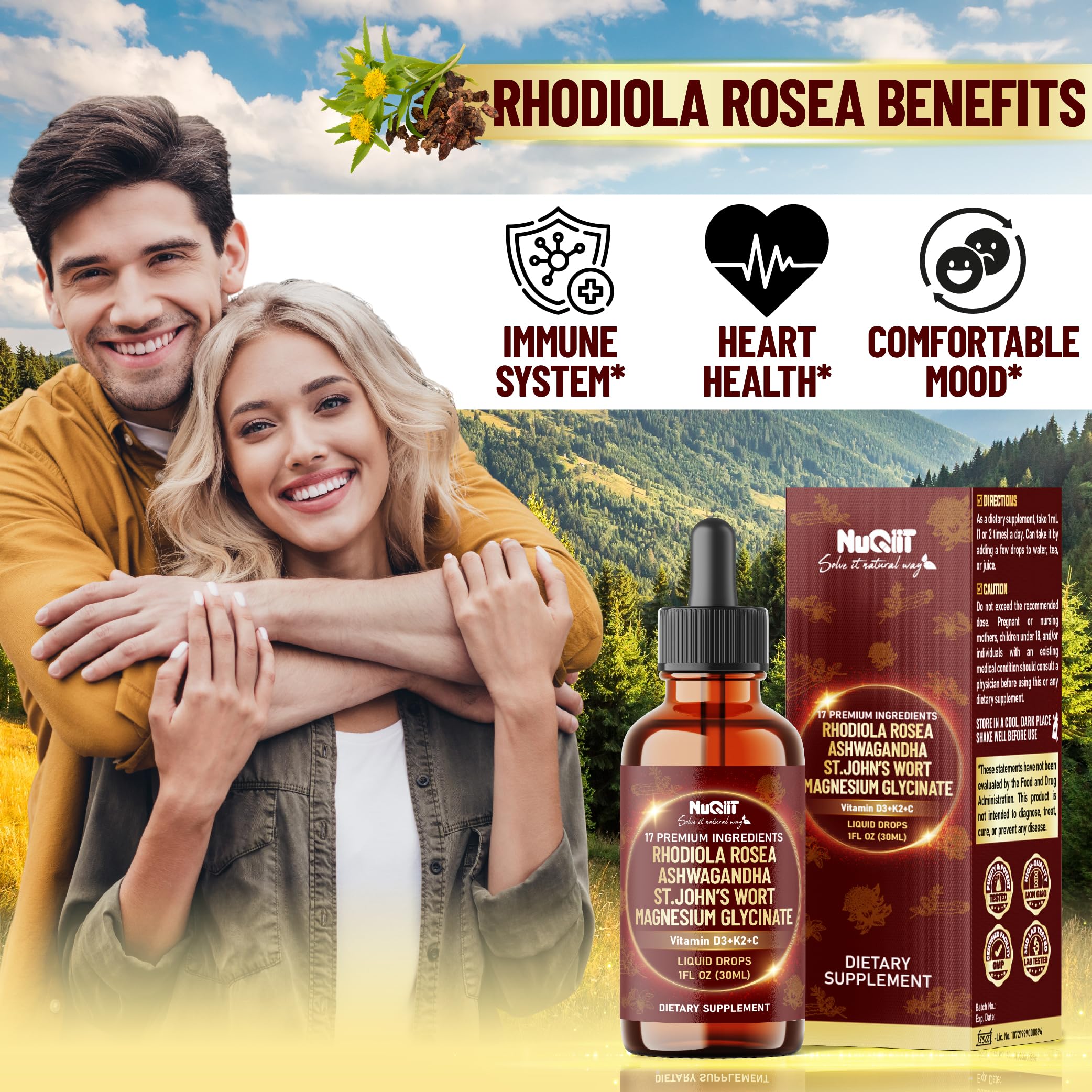NUQIIT 17in1 Rhodiola Rosea Liquid Drops Tincture w/Ashwagandha Magnesium, L-Theanine. Ultra Rhodiola Cortisol Supplement, Rhodiola Root for Mood, Energy - 1 FL Oz - 60 Day Supply NUQIIT buy supplements canada