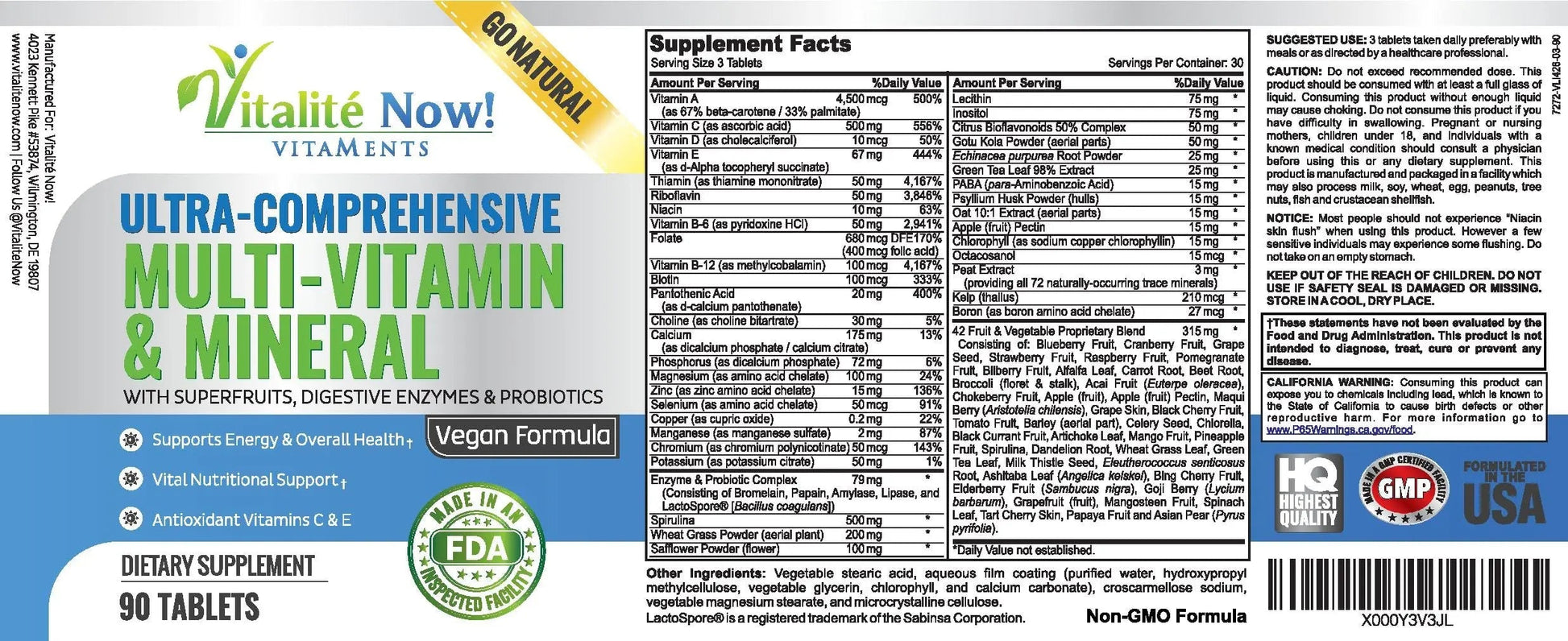 Vegan Whole Food Multivitamin & Mineral - Vitamins A B1 B2 B6 B12 C D3 E & 110 Super Foods, Herbs, Greens & Reds Vitalité Now! buy supplements canada