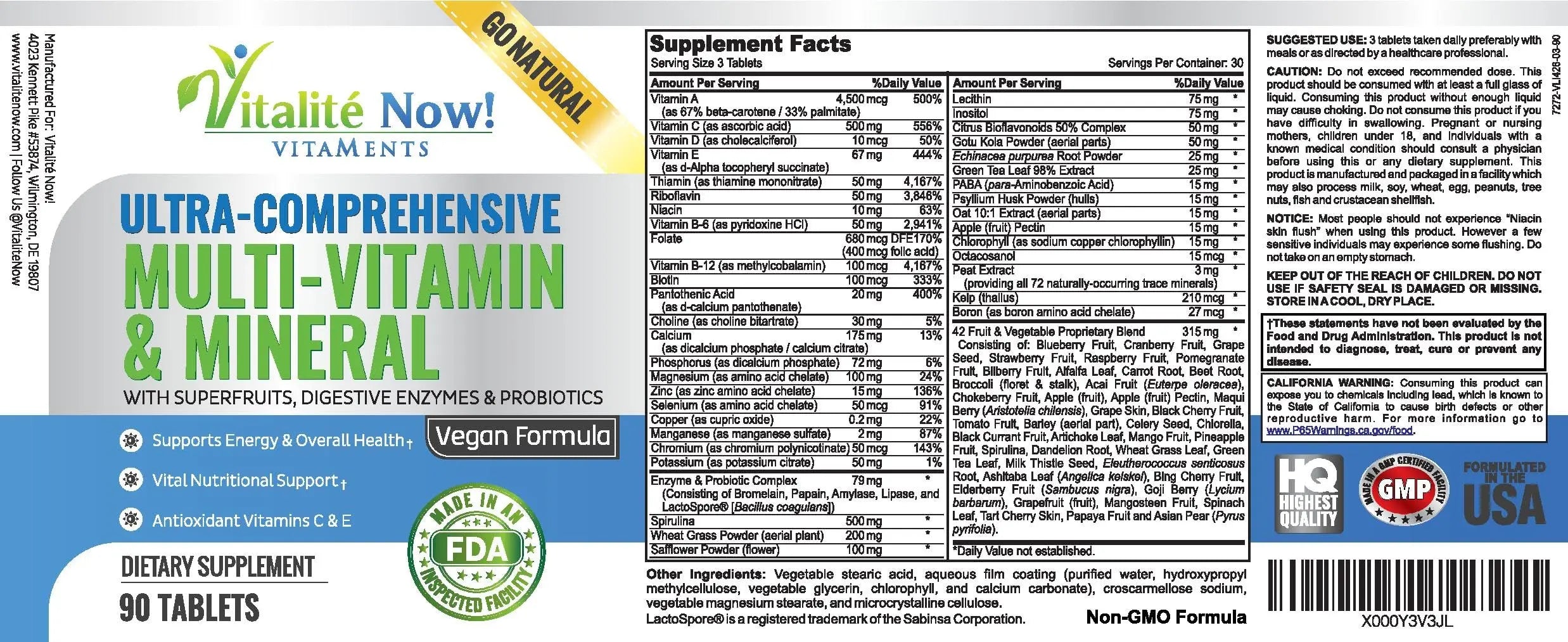 Vegan Whole Food Multivitamin & Mineral - Vitamins A B1 B2 B6 B12 C D3 E & 110 Super Foods, Herbs, Greens & Reds Vitalité Now! buy supplements canada