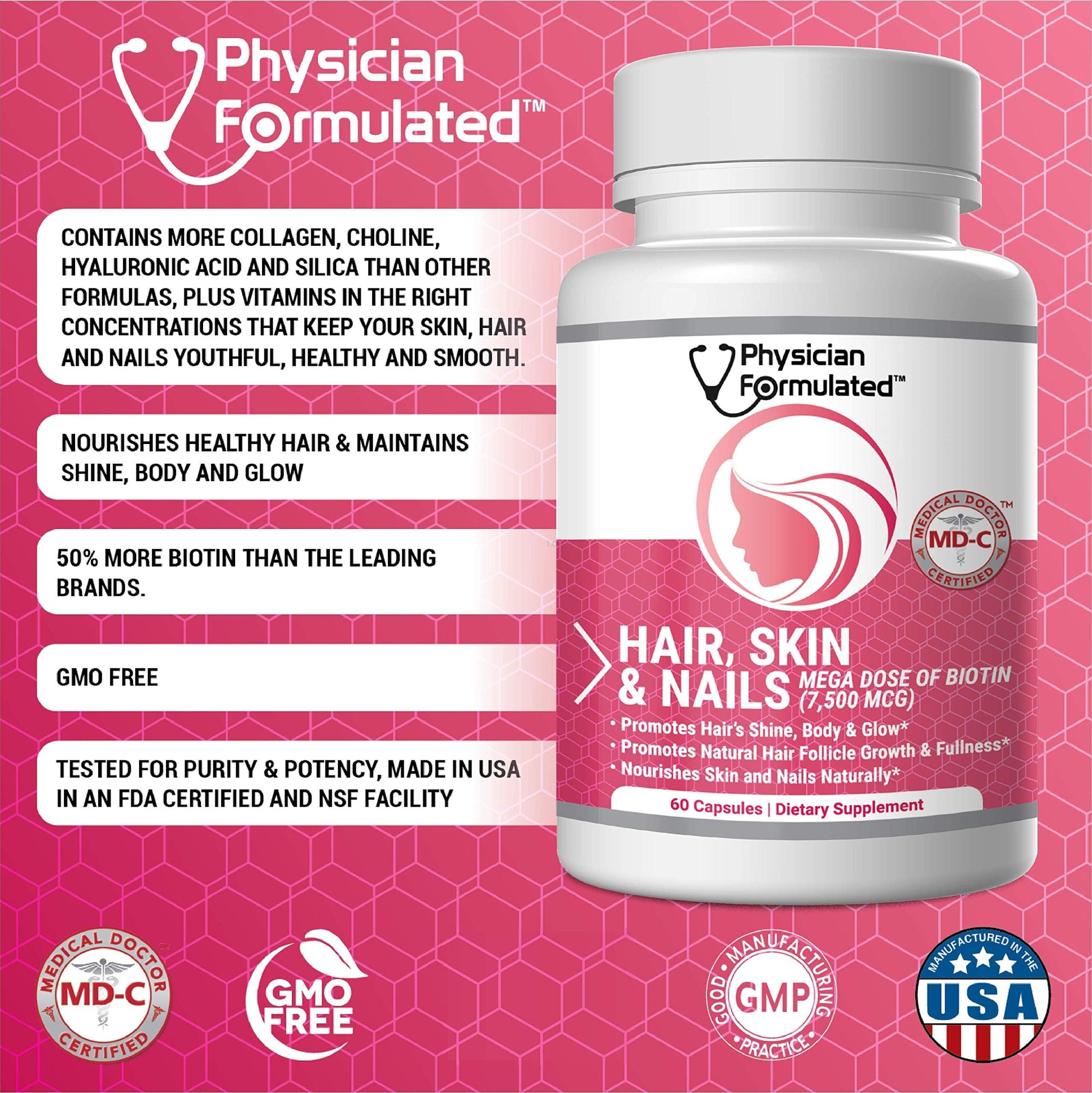 Physician Formulated Healthy Hair Skin and Nails Vitamins for Men and Women - 7500 mcg Biotin, Amino Acids, Collagen and Hyaluronic Acid - 60 Capsules Physician Formulated buy supplements canada