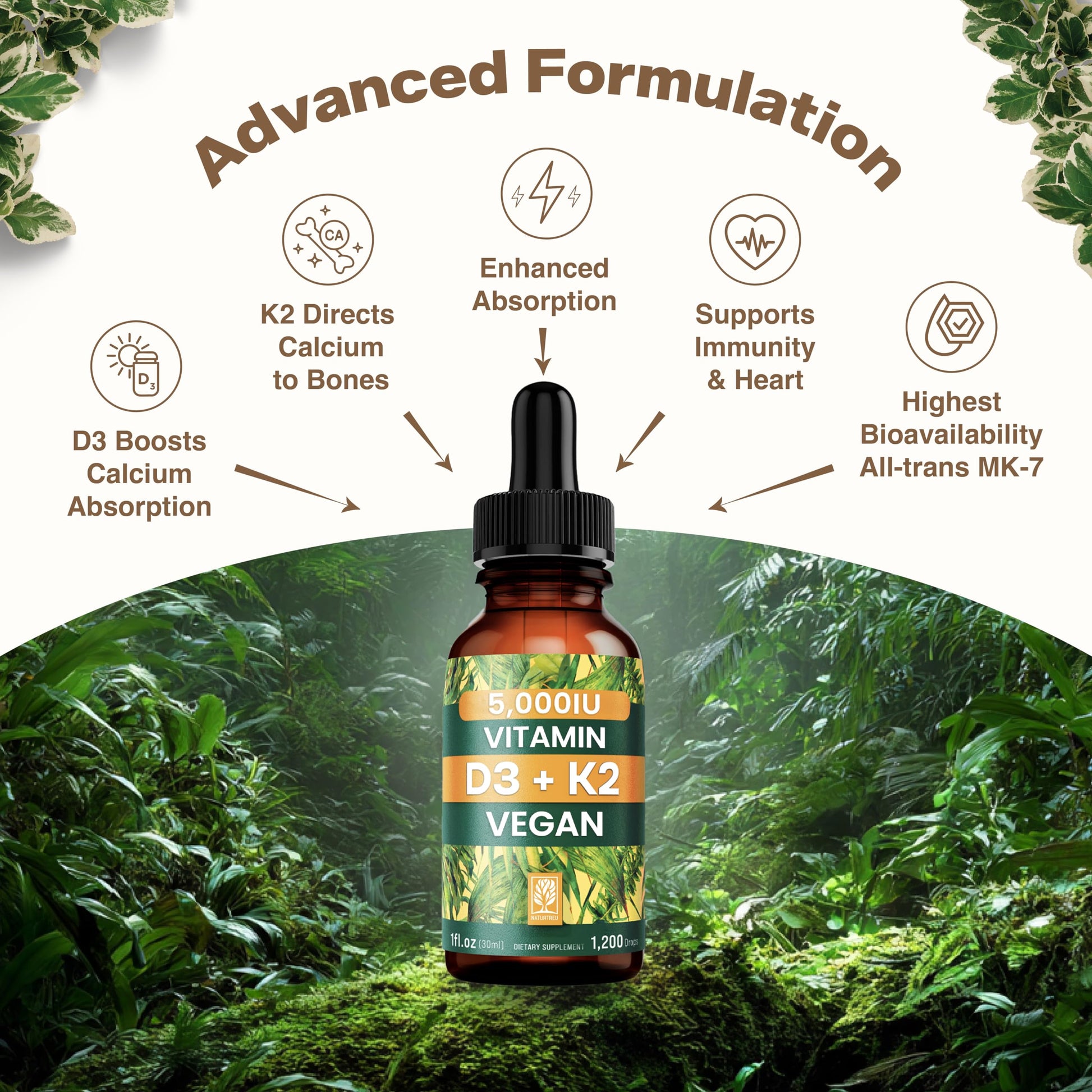 NATURTREU Vegan Vitamin D3 K2 Liquid Drops with MCT Oil for Adults (240 Servings) - Liquid Vitamin D K2 MK7 - All Natural, Non-GMO & Dr Formulated with 3X More Absorption - Third-Party Tested NATURTREU buy supplements canada