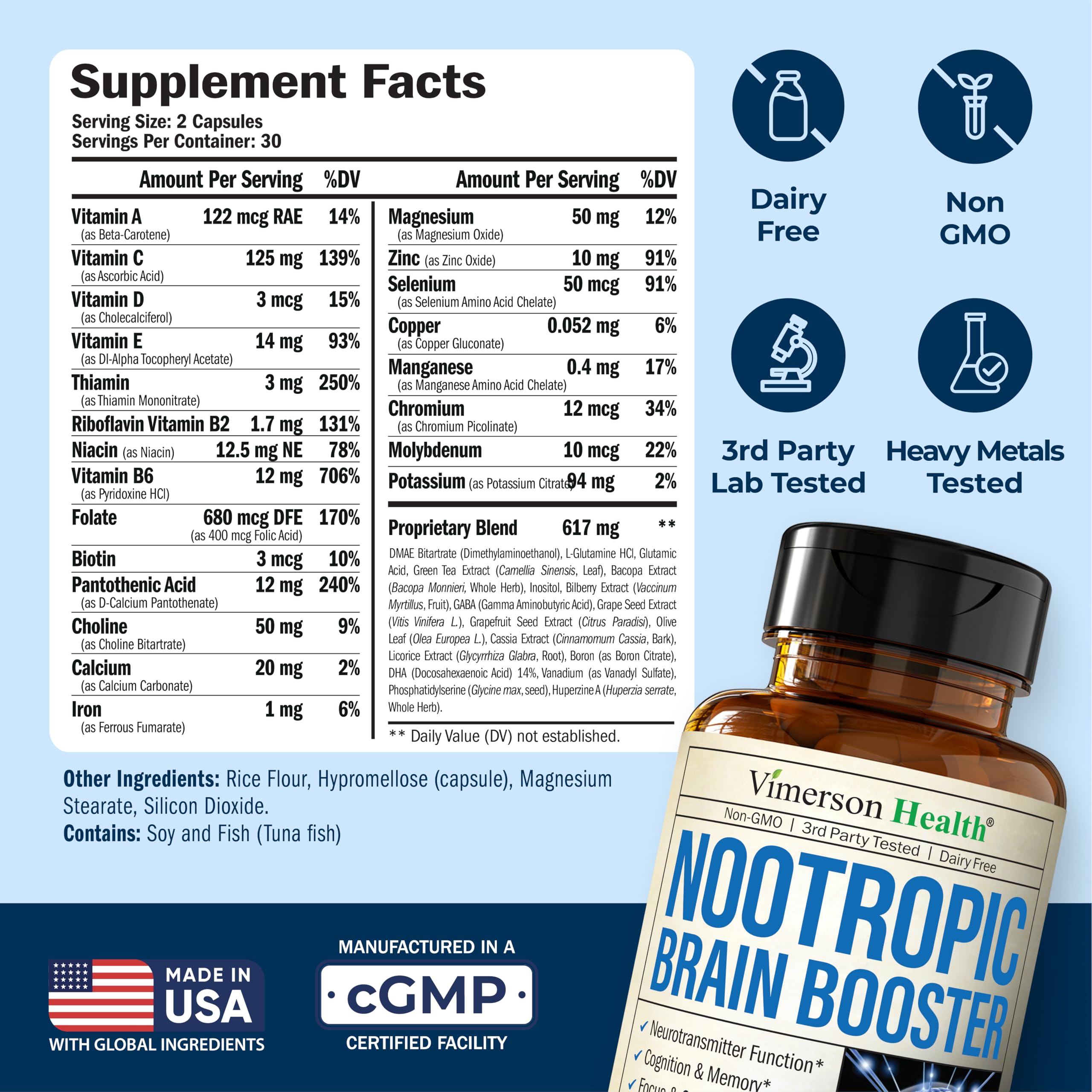 Nootropics Brain Support Supplement - Nootropic Brain Booster for Improved Focus, Concentration & Memory. Brain Nootropic for Brain Health, Mood & Energy Support. Non-GMO. Made in the USA. 60 Capsules Vimerson Health buy supplements canada