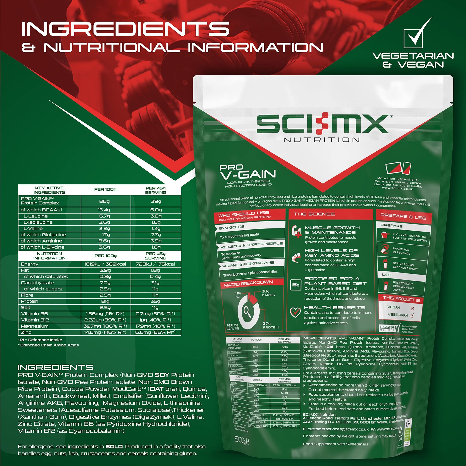 SCI-MX Pro V Gain 100% Plant Based Vegan Protein Formula With No Added Sugar - Chocolate Flavour - 900g - 20 SERVINGS SCI-MX buy supplements canada