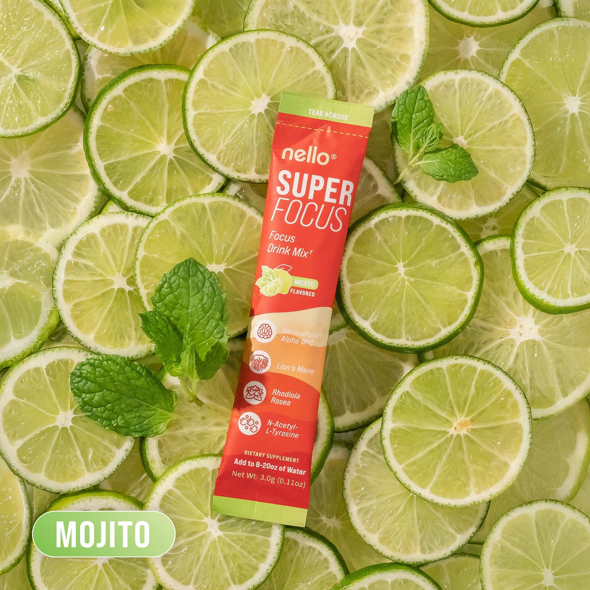 Nello Superfocus Mojito – Nootropic Focus Drink Mix, 20 On-The-Go Packets, Alpha GPC, Lion’s Mane, Rhodiola, Sugar-Free Nello buy supplements canada