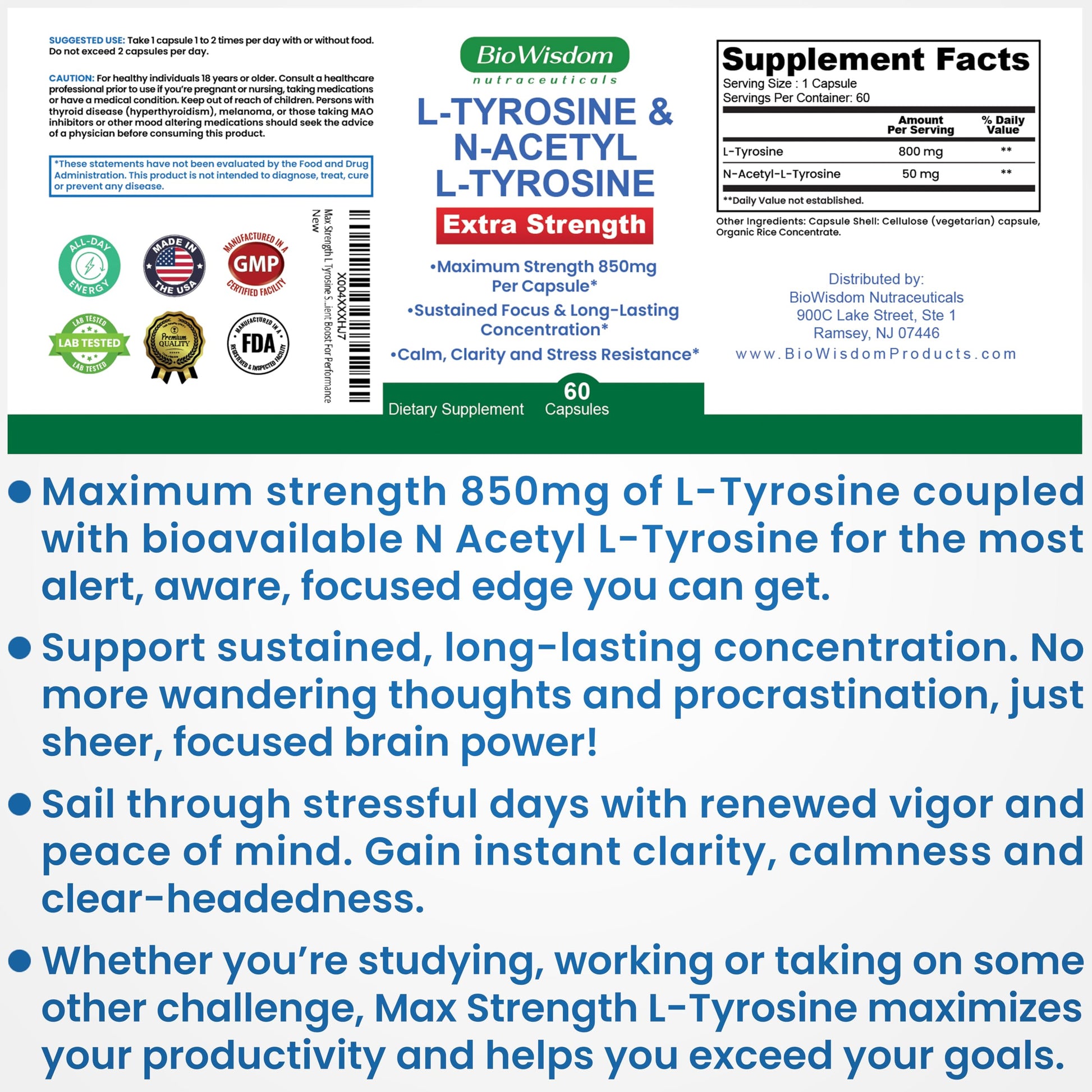 Max Strength L Tyrosine Supplement & N Acetyl L Tyrosine Peak Focus, Alertness, Concentration, Body & Mind Energy. L-Tyrosine 850mg Per 1 Capsule. A Well-Being Nutrient Boost For Performance BioWisdom Nutraceuticals buy supplements canada