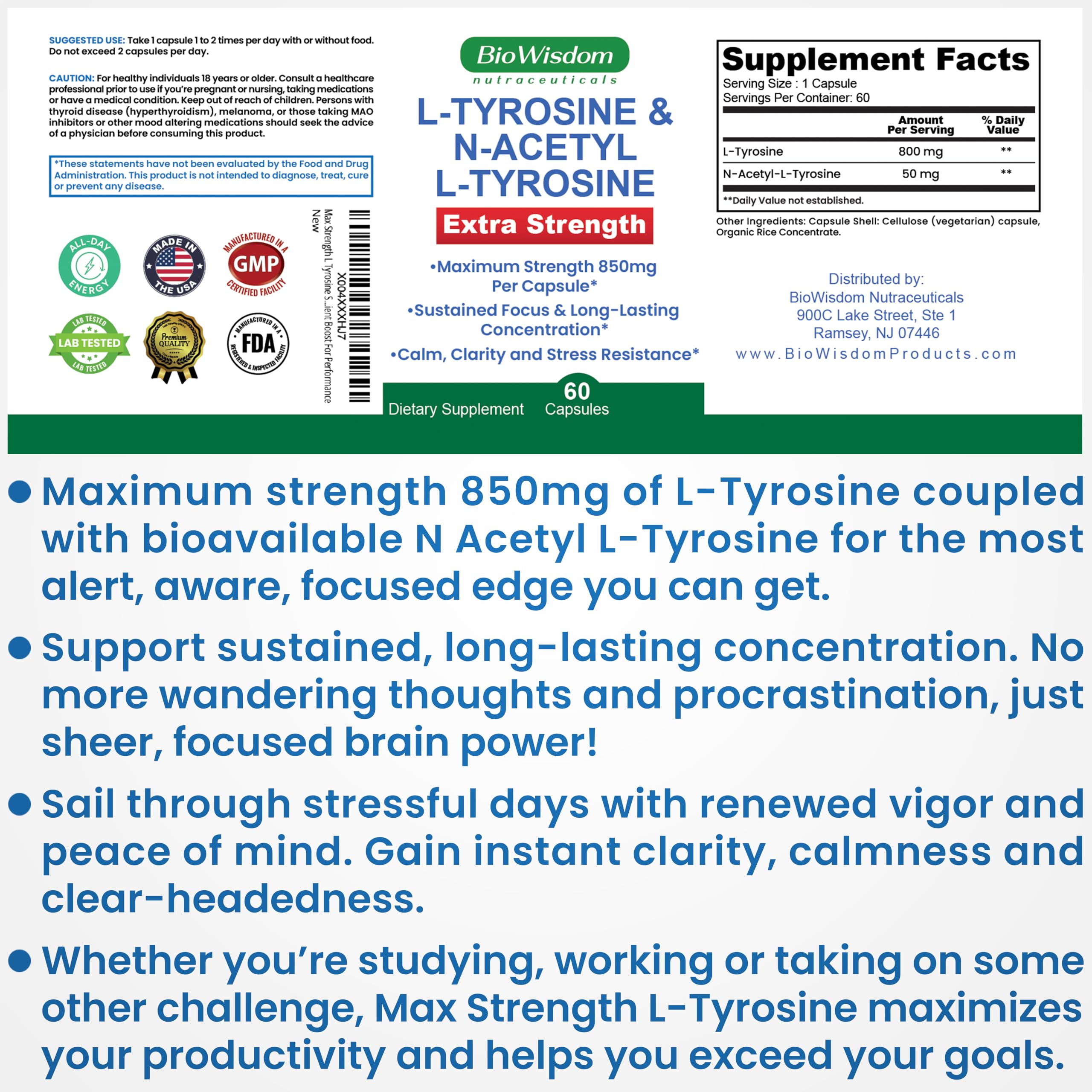 Max Strength L Tyrosine Supplement & N Acetyl L Tyrosine Peak Focus, Alertness, Concentration, Body & Mind Energy. L-Tyrosine 850mg Per 1 Capsule. A Well-Being Nutrient Boost For Performance BioWisdom Nutraceuticals buy supplements canada