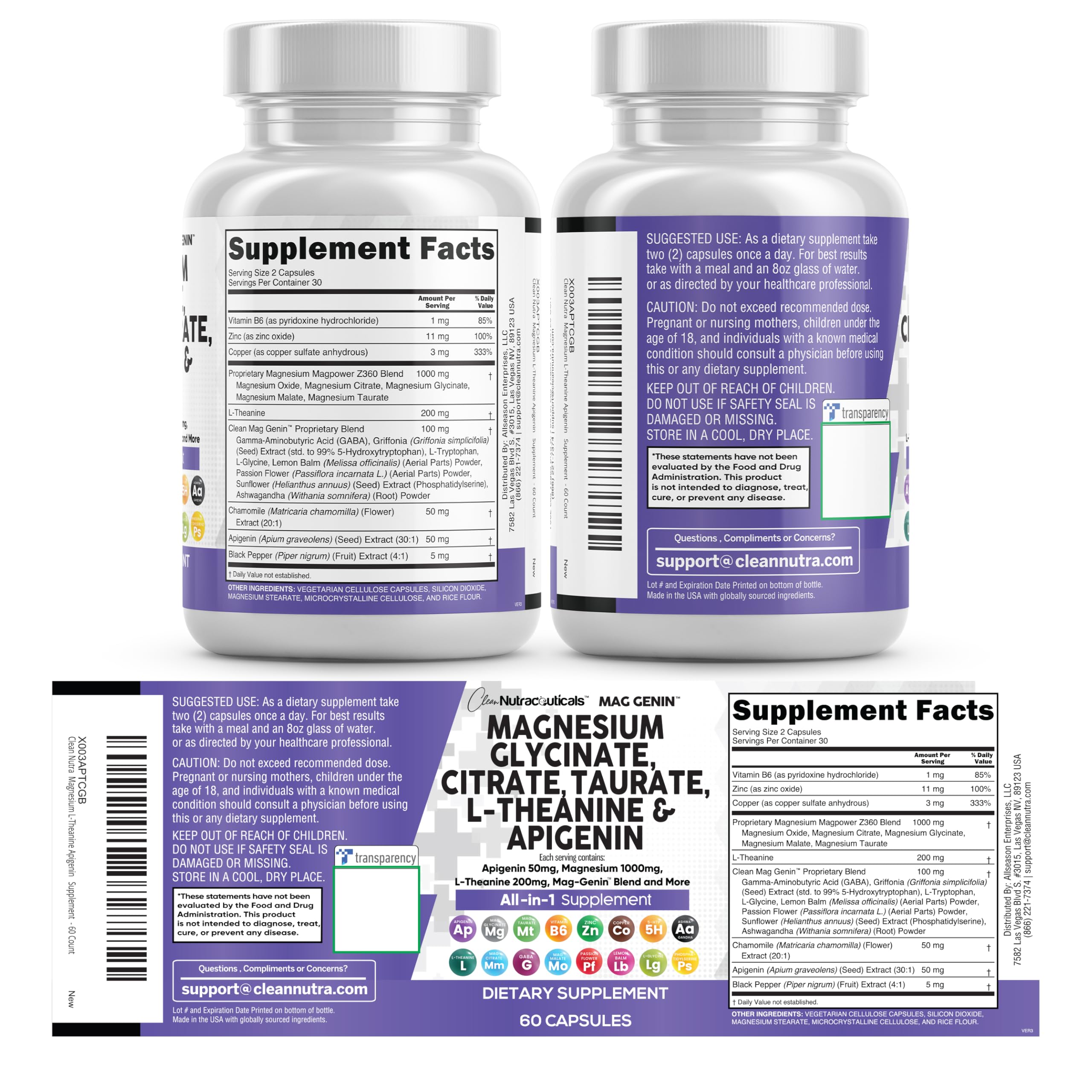 Clean Nutraceuticals Magnesium Glycinate Complex 1000mg with L-Theanine 200mg Apigenin 50mg Citrate Taurate Supplement - 5-HTP GABA Passion Flower Lemon Balm L-Glycine Phosphatidylserine - 60 Count Clean Nutraceuticals buy supplements canada