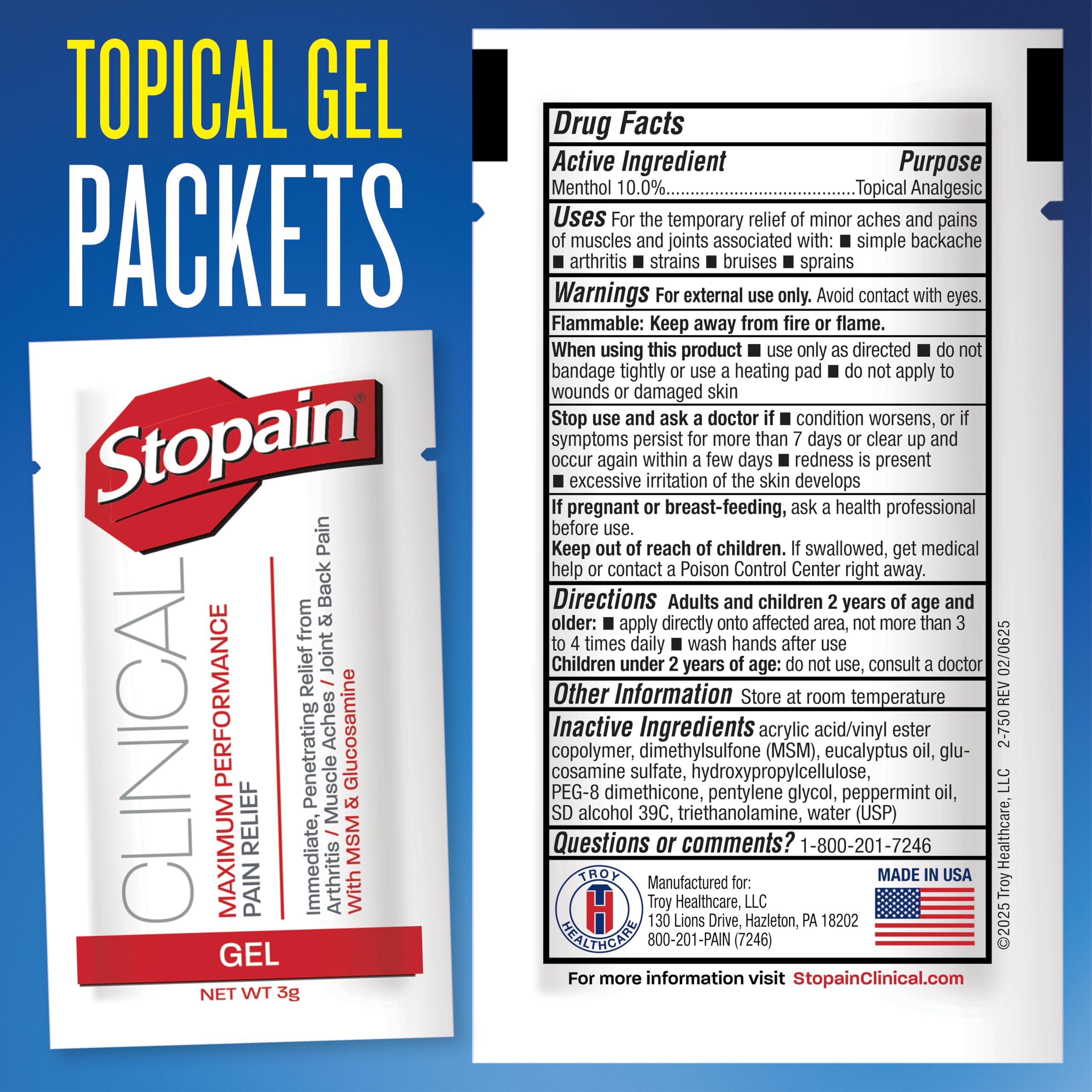 Stopain Pain Relief Clinical Gel Packets, 50 Pack, Made in USA, Maximum Performance Pain Relief with 10% Menthol Plus Glucosamine for Muscle Aches, Joint Pain, and Arthritis Stopain buy supplements canada