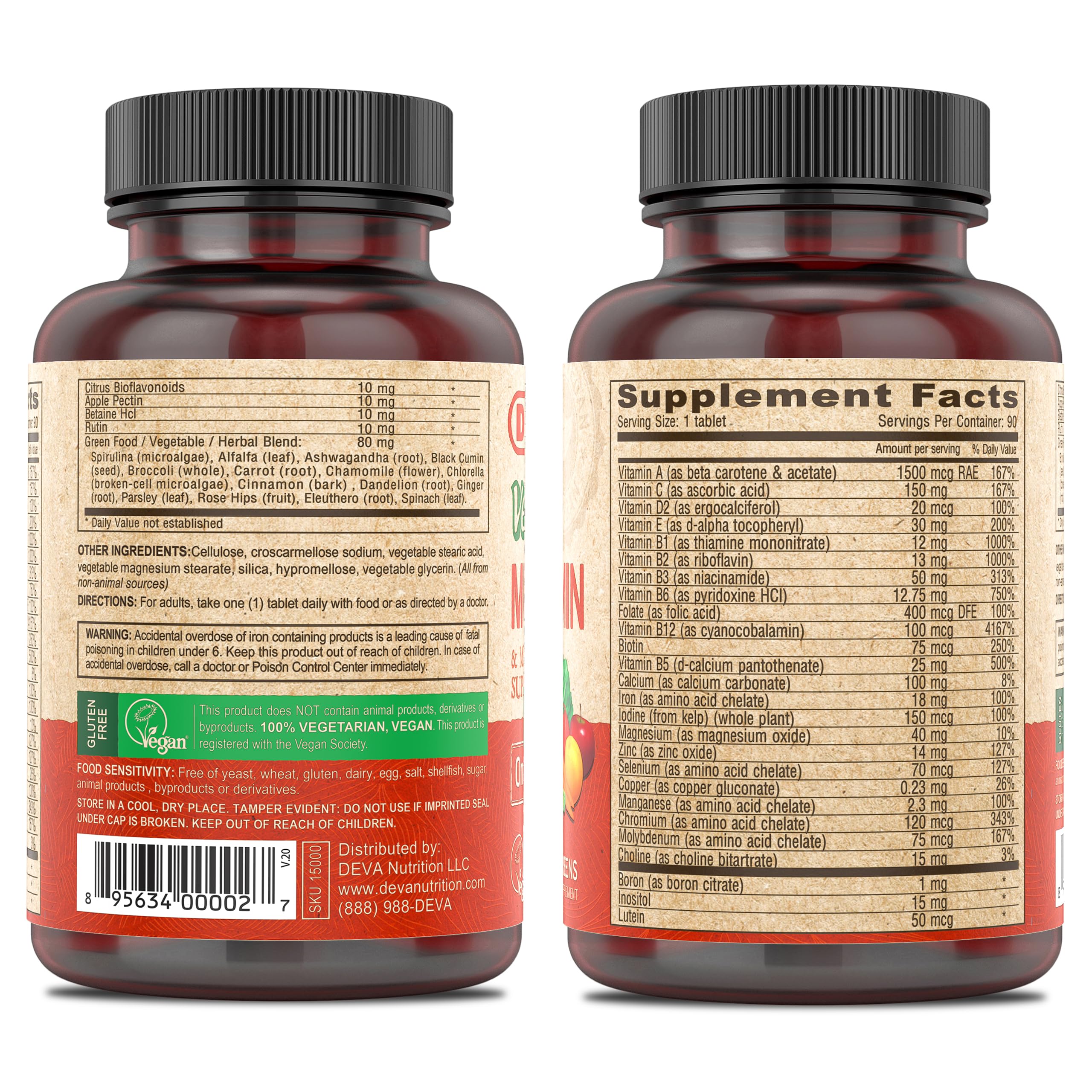 DEVA Vegan Multivitamin & Mineral Supplement with Iron 2-Pack, Spirulina, Chlorella, Ashwagandha, Broccoli & More, 90 Coated Tablets Each DEVA buy supplements canada