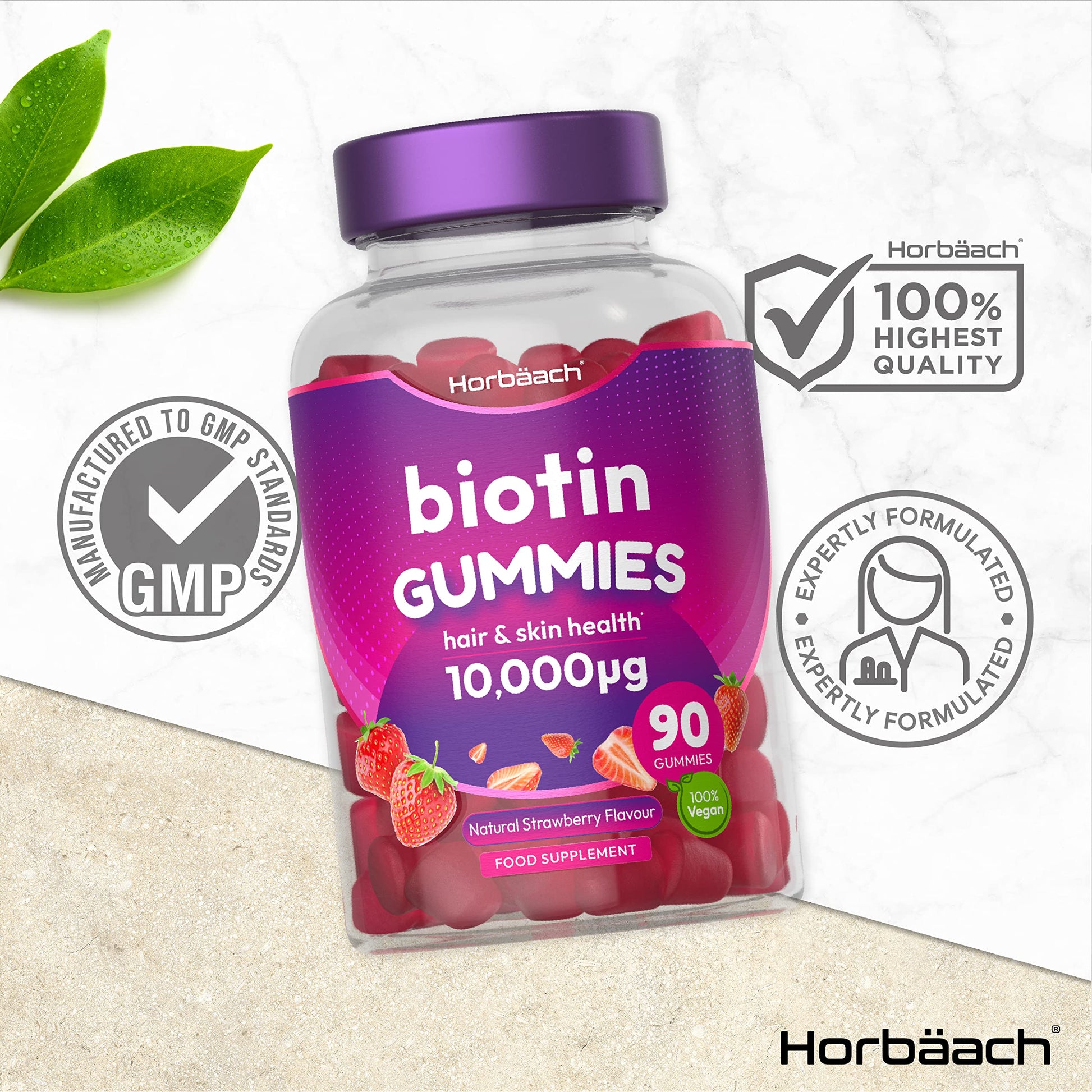 Biotin Gummies 10,000mcg | 90 Vegan Vitamins | Natural Strawberry Flavour Horbäach buy supplements canada