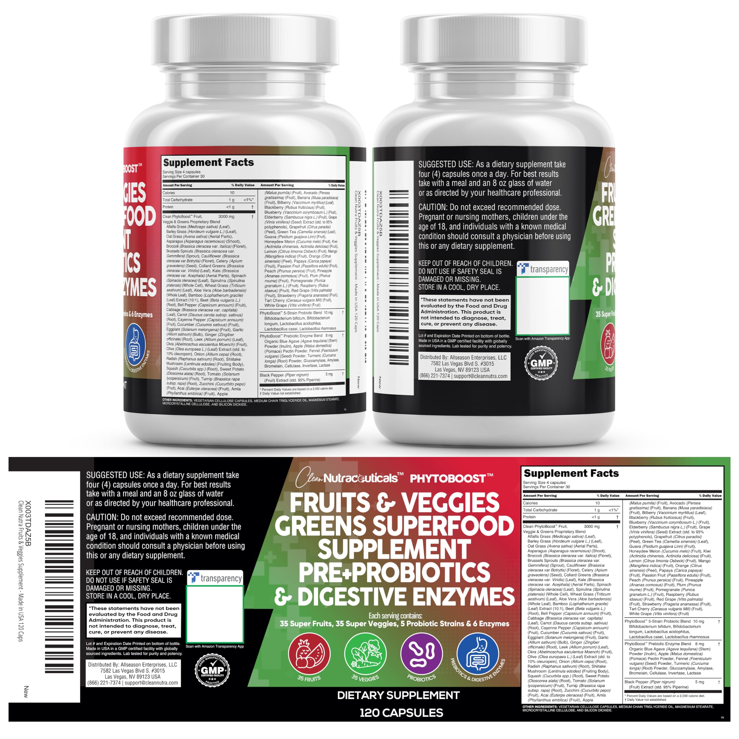 Clean Nutraceuticals Fruits and Veggies Supplement Reds & Green Superfood - Balance of Over 70 Fruit & Vegetable Supplements Capsules with Probiotics Prebiotics Digestive Enzymes - 120 Ct USA Clean Nutraceuticals buy supplements canada