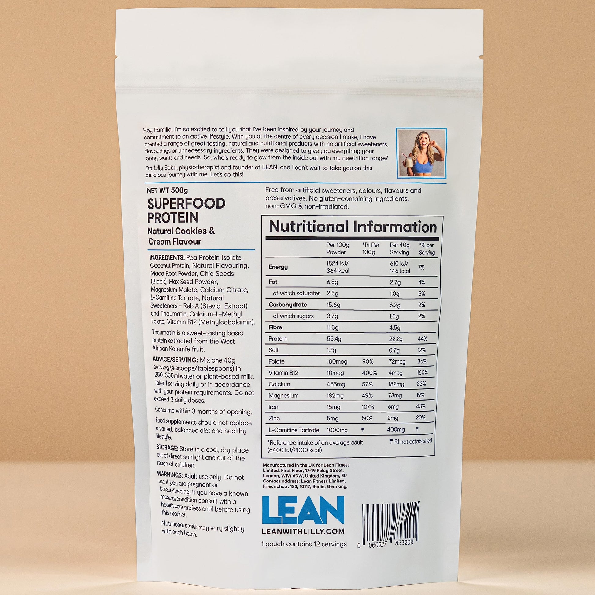 LEAN with Lilly Superfood Protein Vegan Protein Plant Based Protein Cookies and Cream Flavour 500g Lean With Lilly buy supplements canada